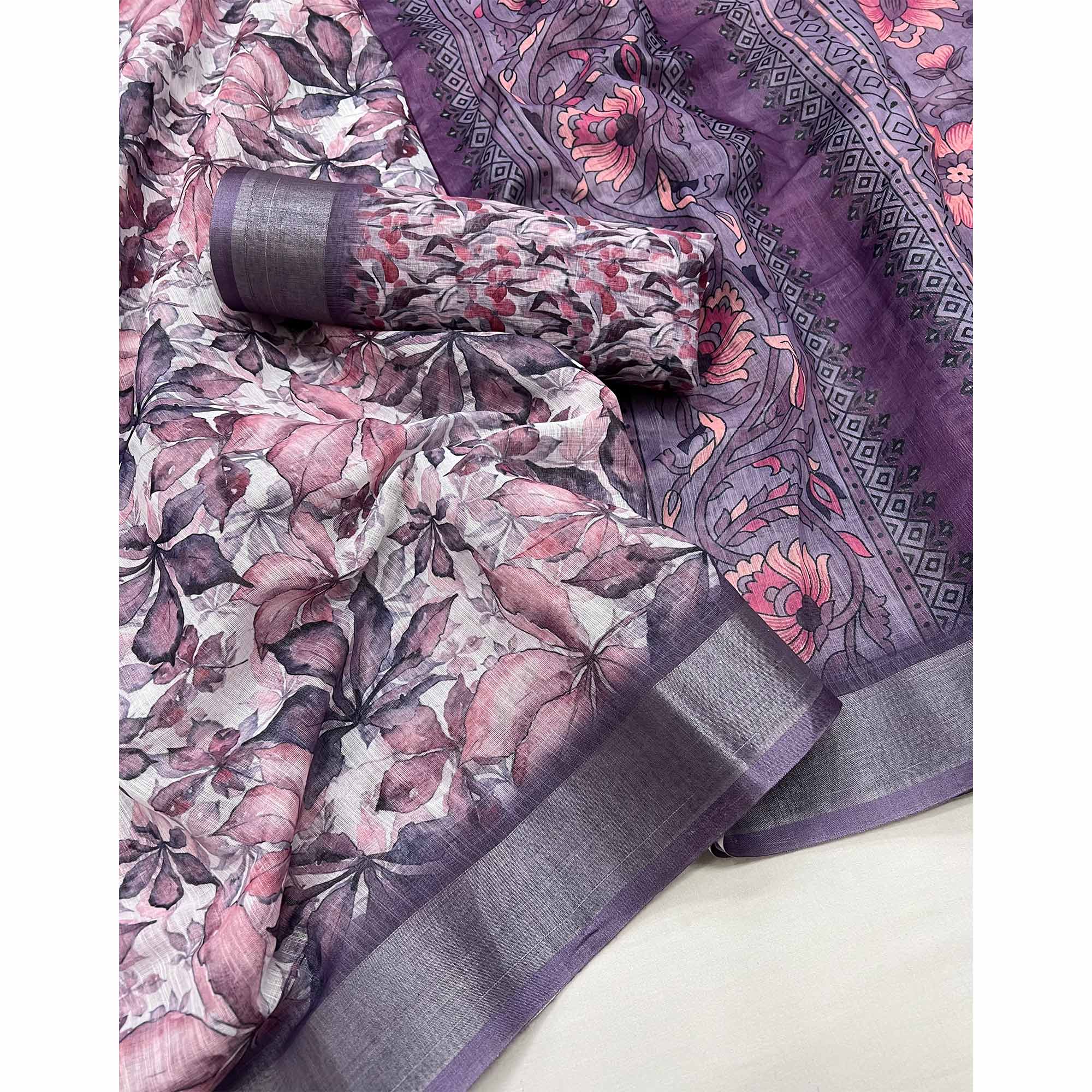 Purple Floral Digital Printed Linen Saree With Zari Border