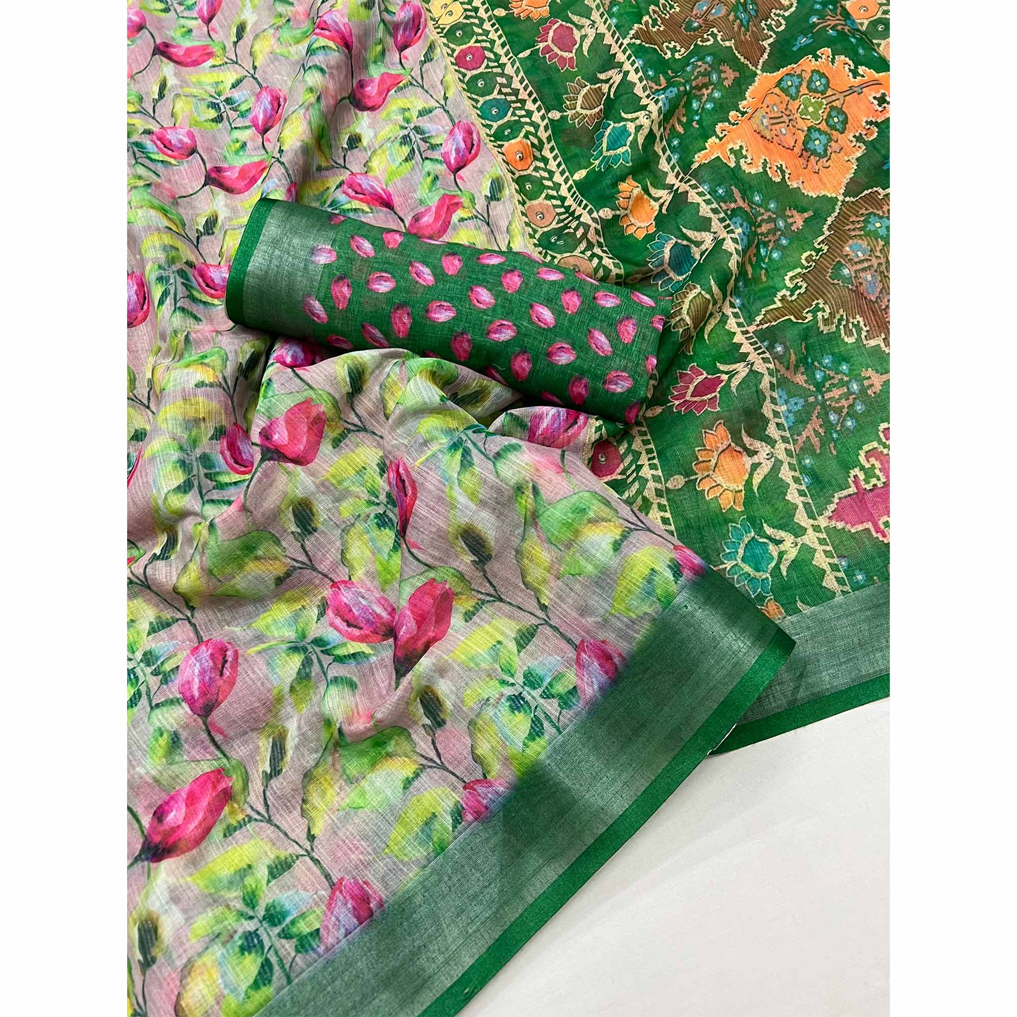 Green Floral Digital Printed Linen Saree With Zari Border