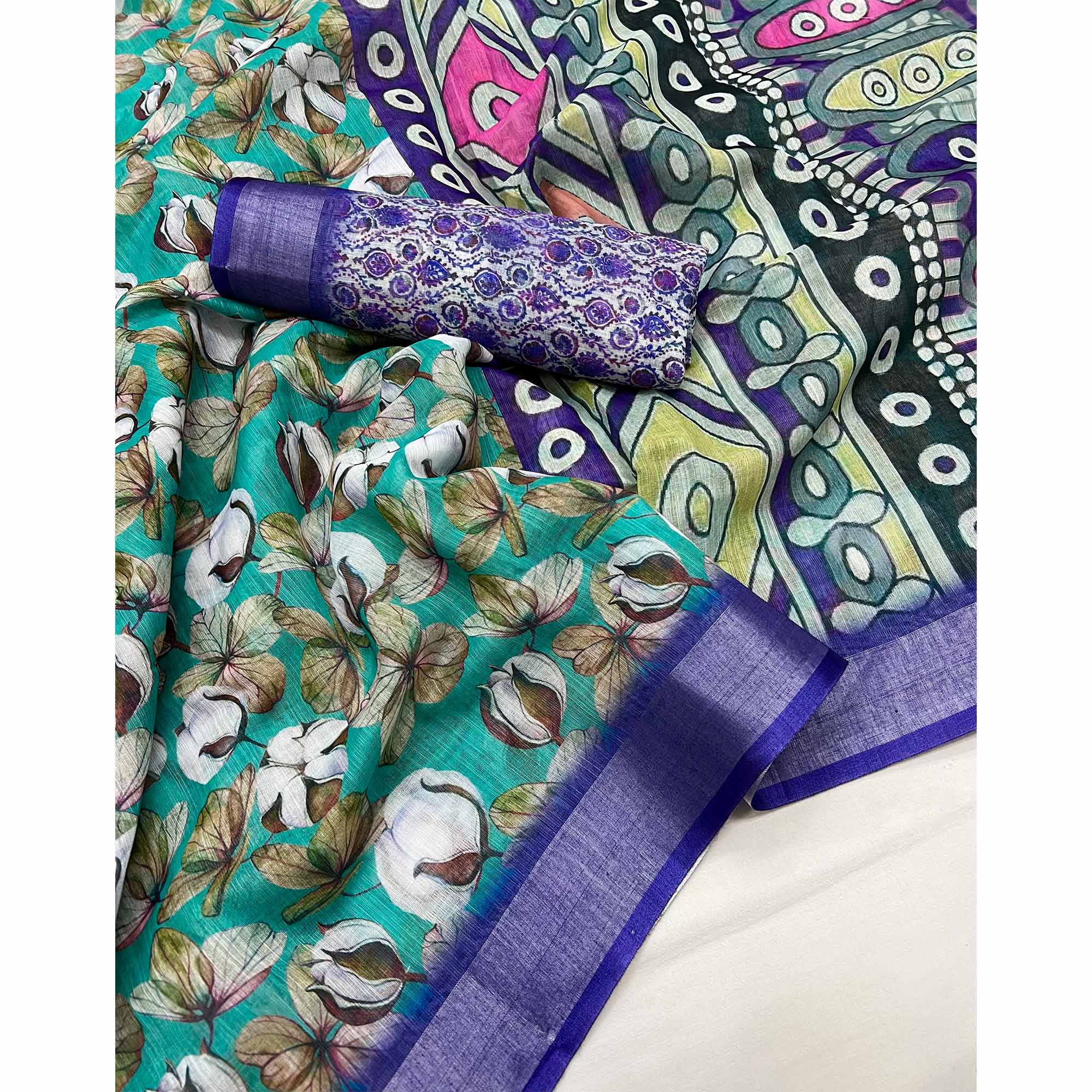 Rama Blue Floral Digital Printed Linen Saree With Zari Border