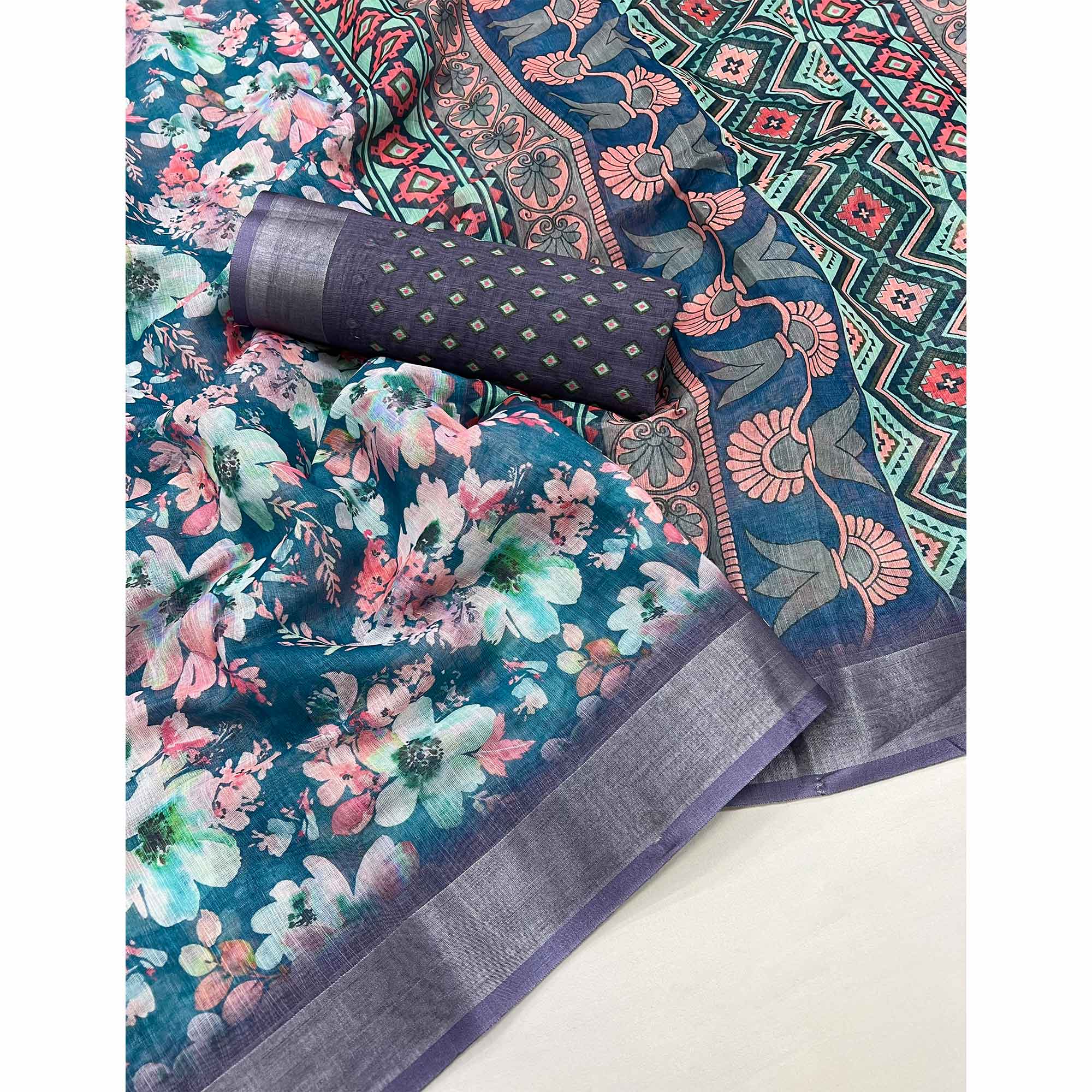 Blue Floral Digital Printed Linen Saree With Zari Border