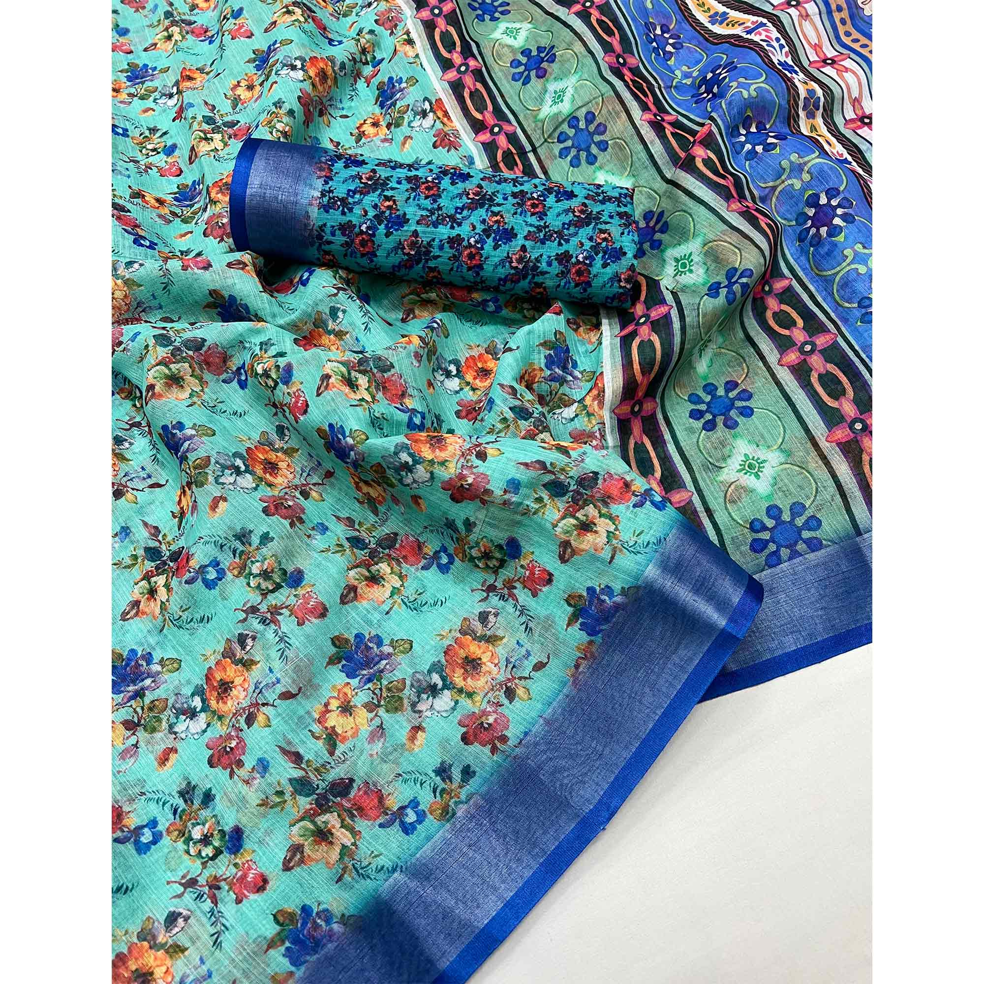 Turquoise Floral Digital Printed Linen Saree With Zari Border