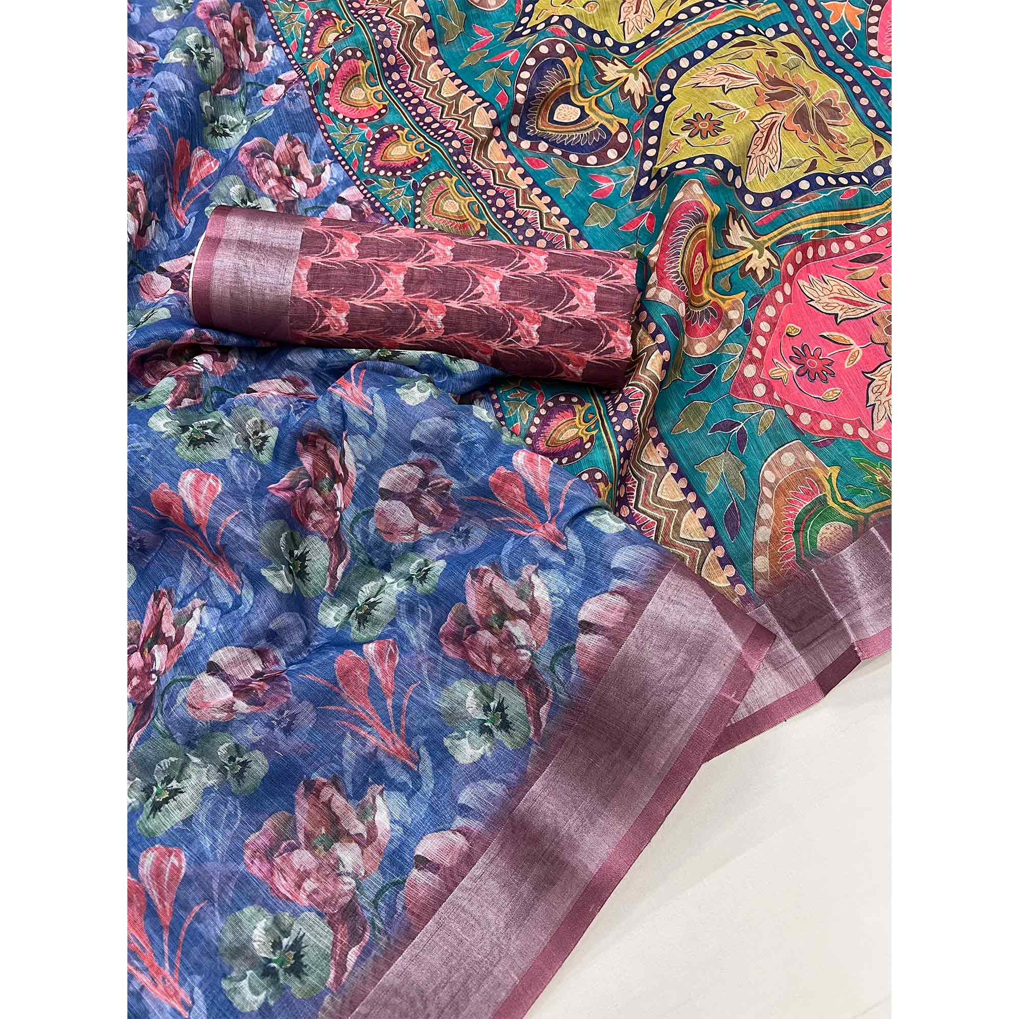 Blue Floral Digital Printed Linen Saree With Zari Border