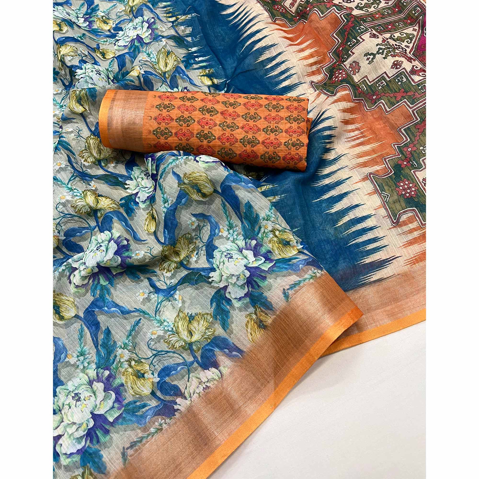 Blue Floral Digital Printed Linen Saree With Zari Border