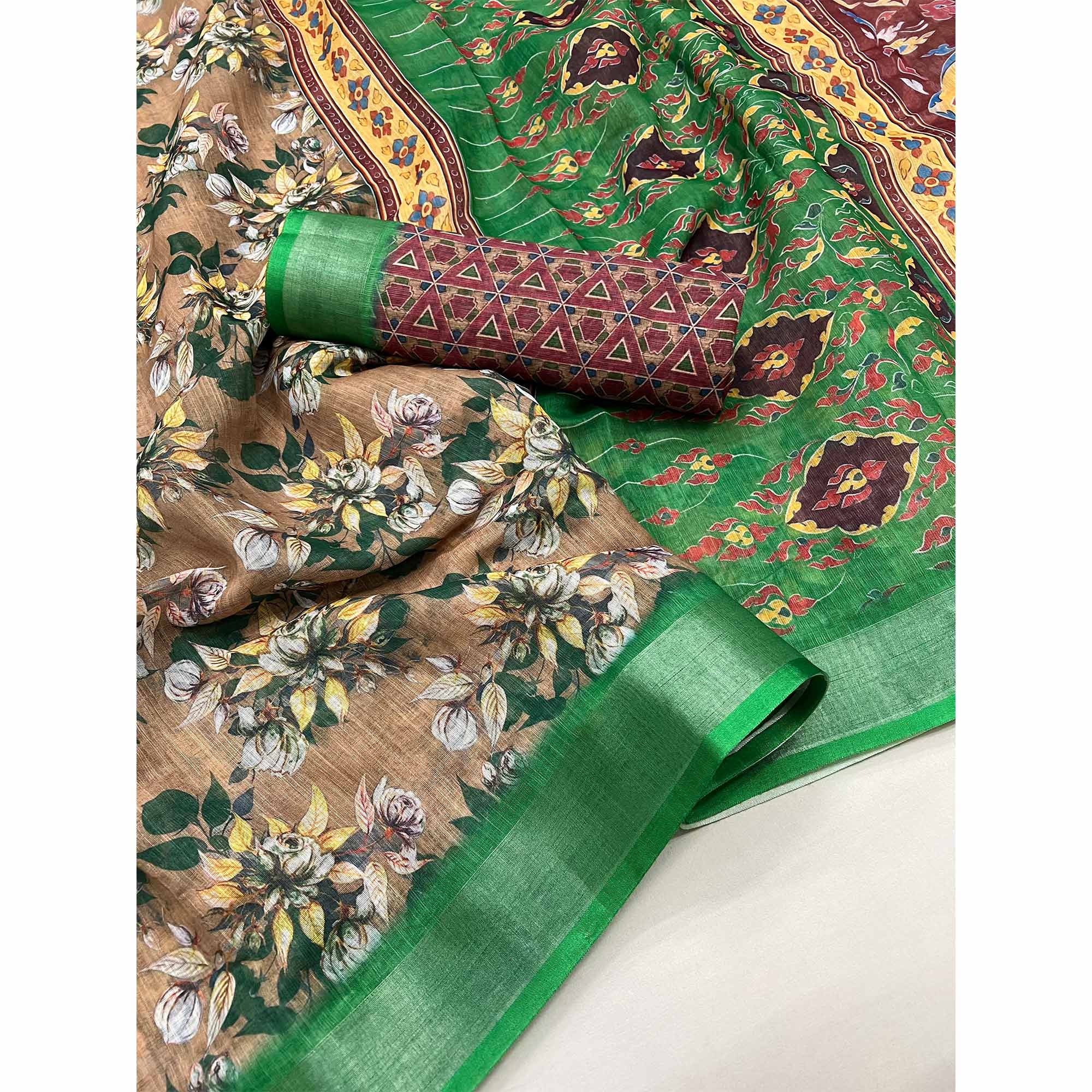 Brown Floral Digital Printed Linen Saree With Zari Border