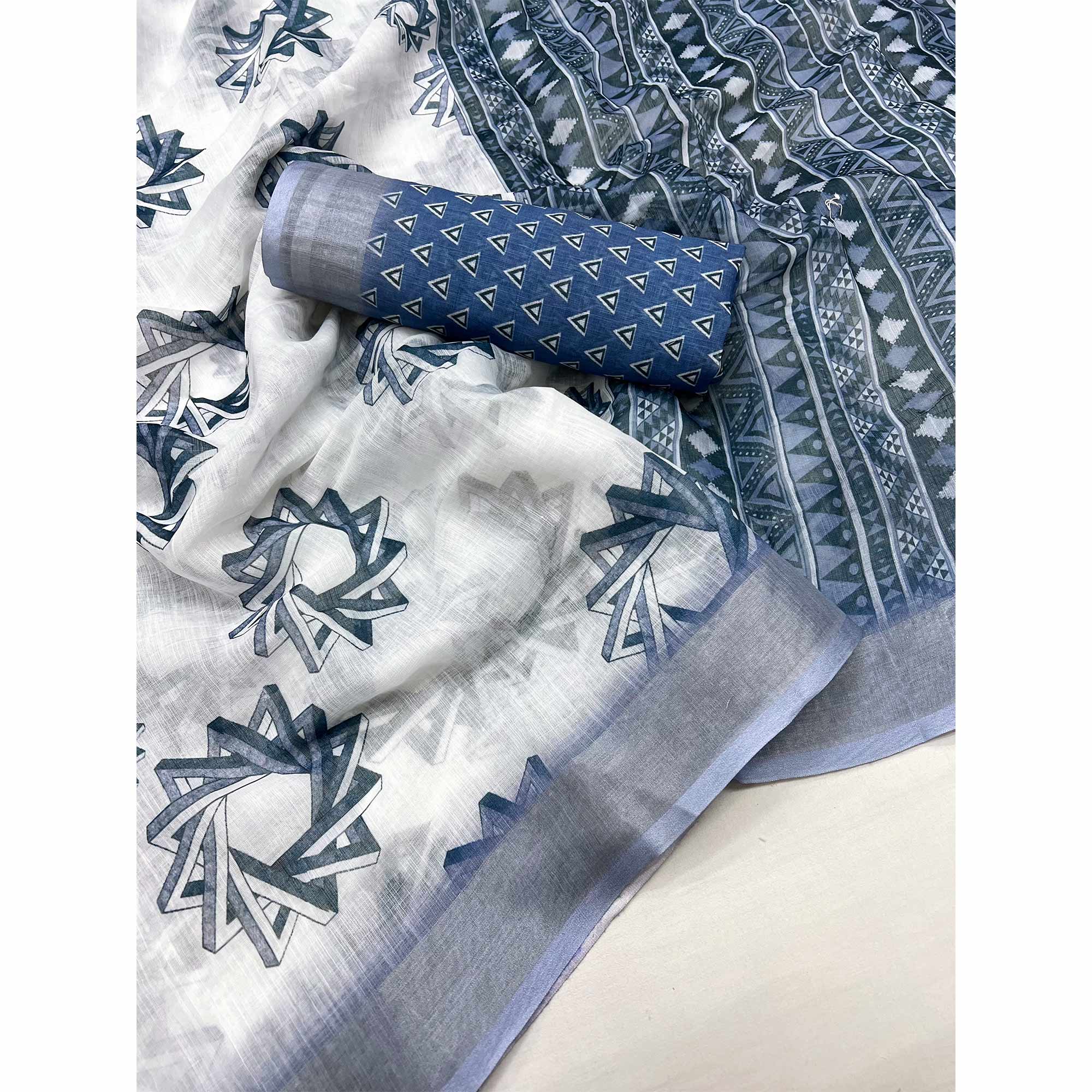 White & Blue Digital Printed Linen Saree With Zari Border