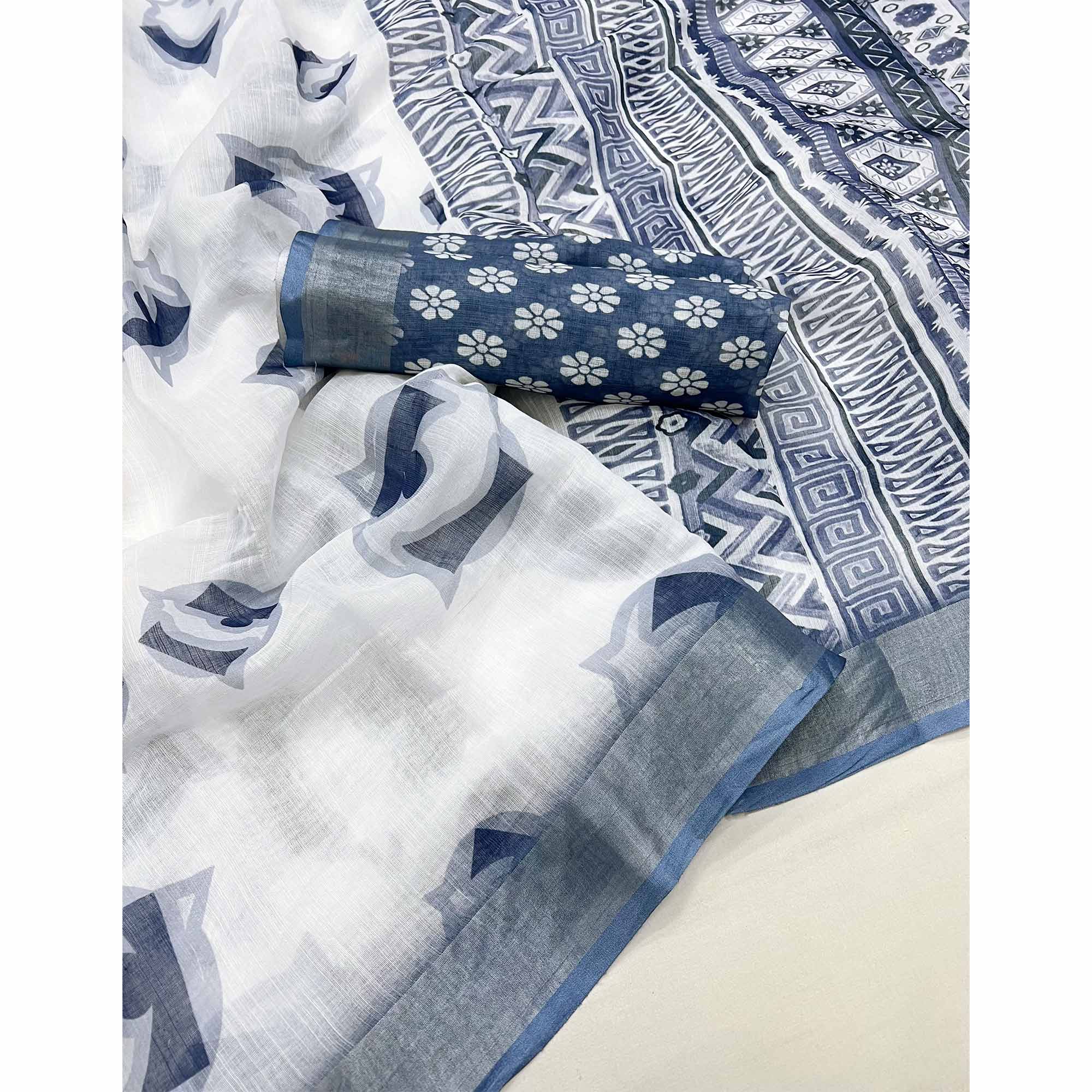 White & Blue Digital Printed Linen Saree With Zari Border