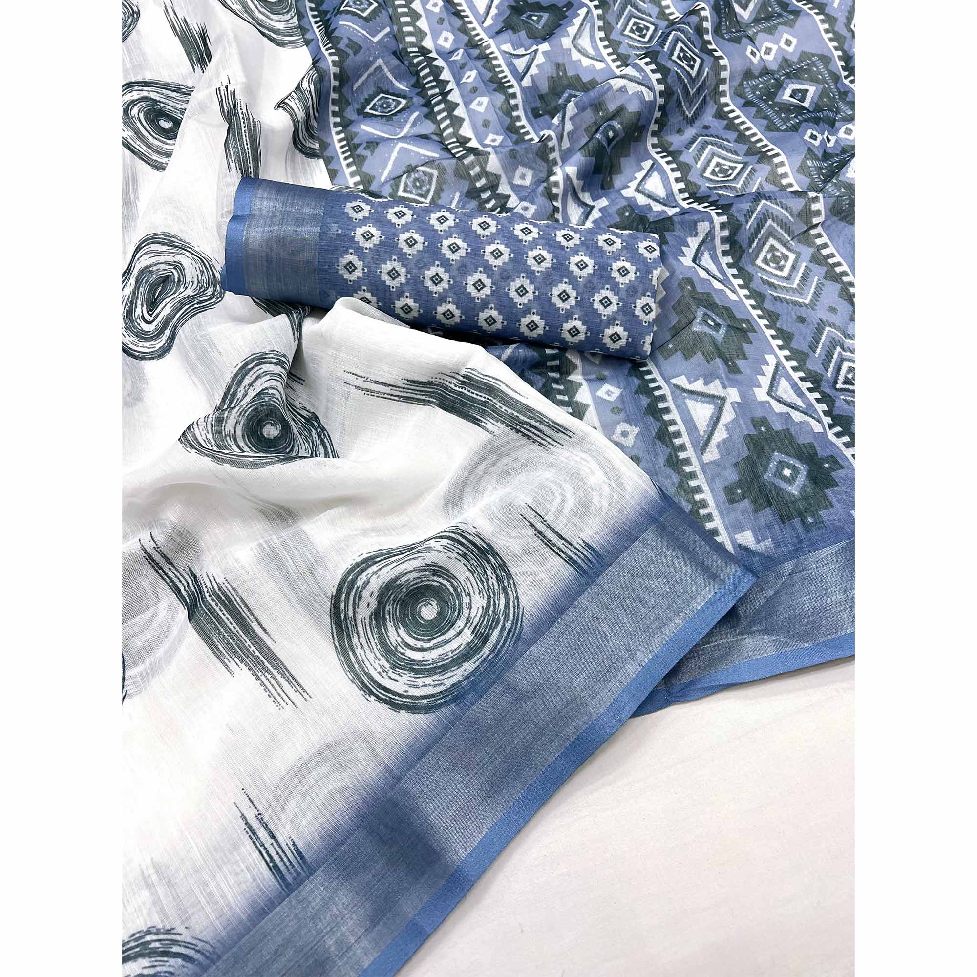 White & Blue Digital Printed Linen Saree With Zari Border