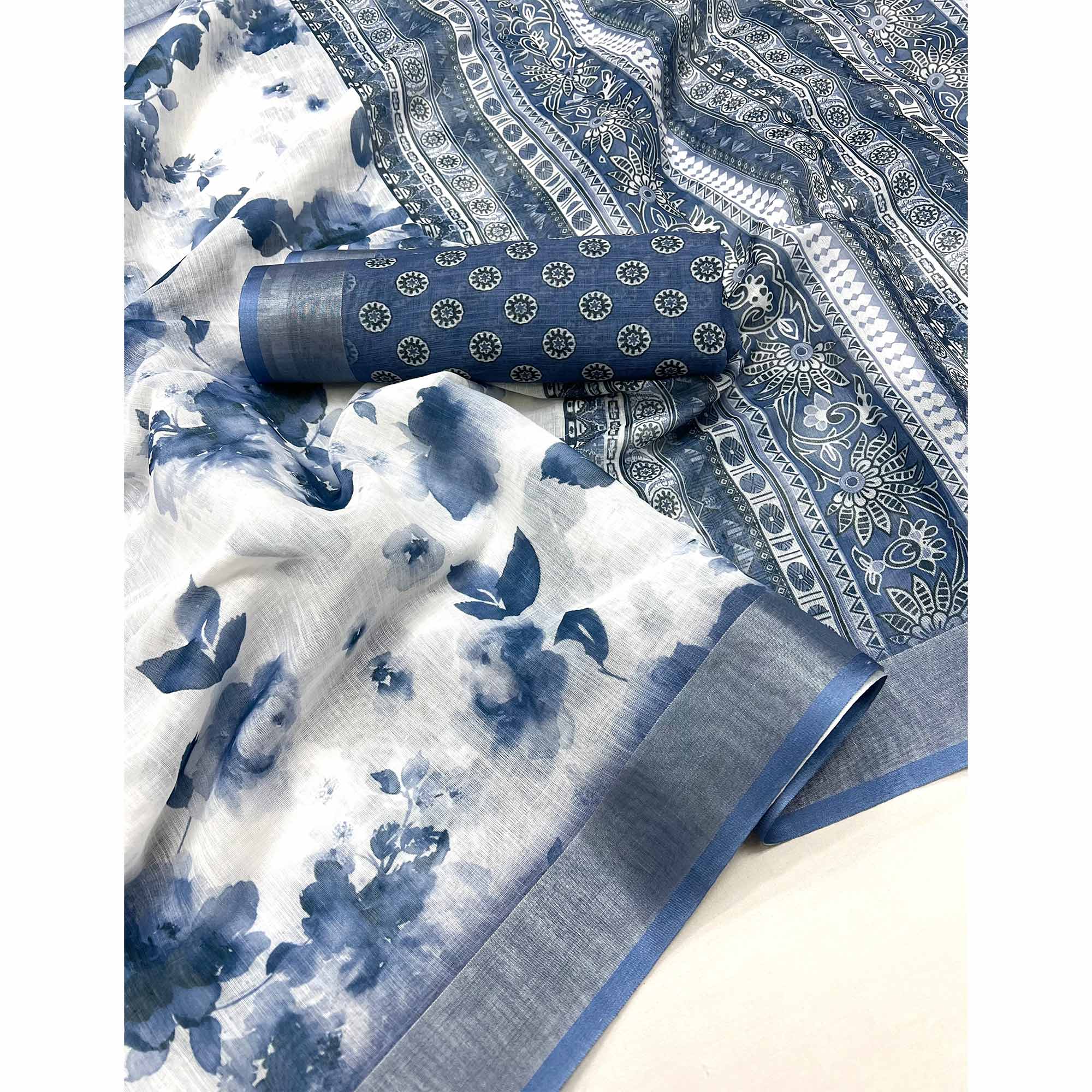 White & Blue Floral Digital Printed Linen Saree With Zari Border
