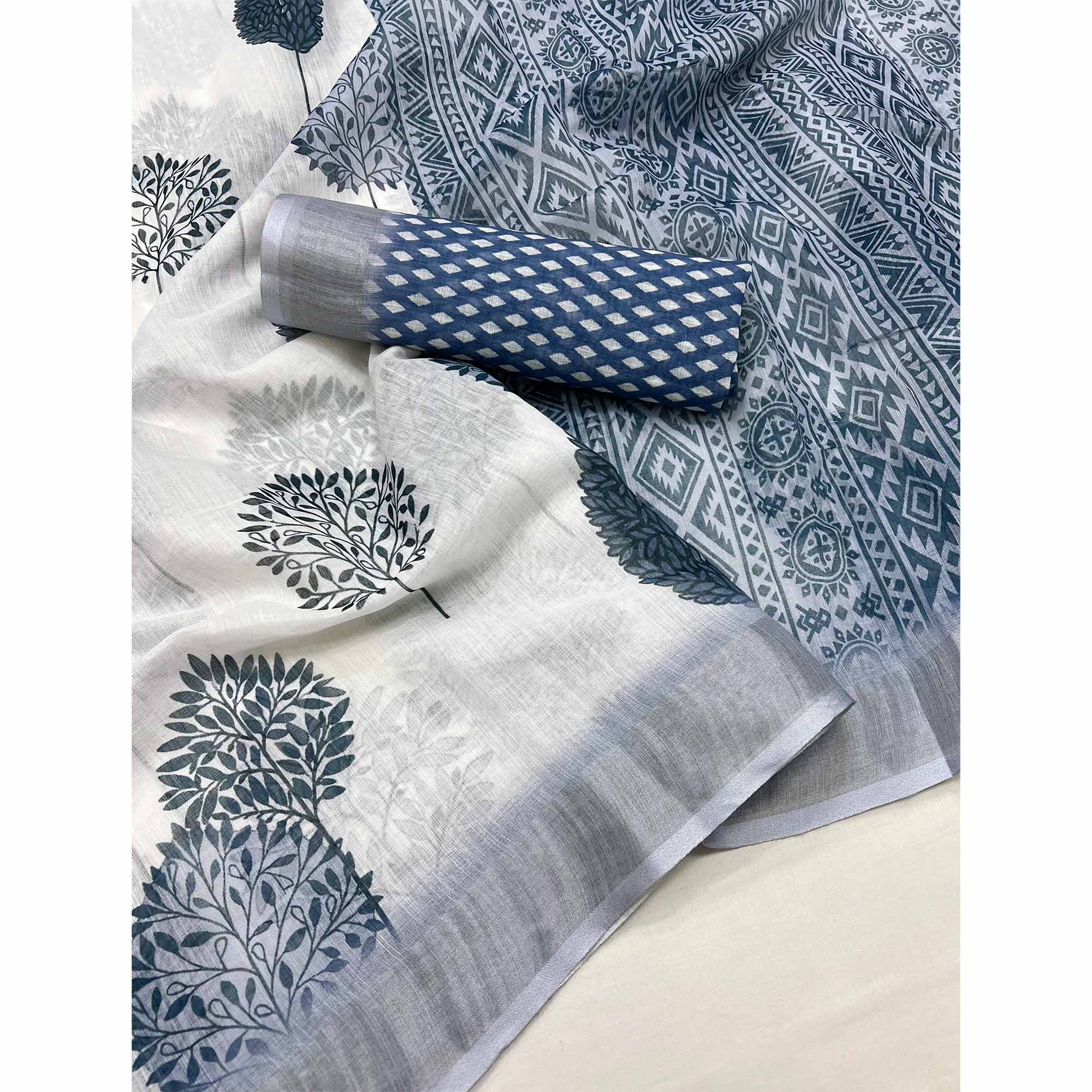 White & Blue Floral Digital Printed Linen Saree With Zari Border