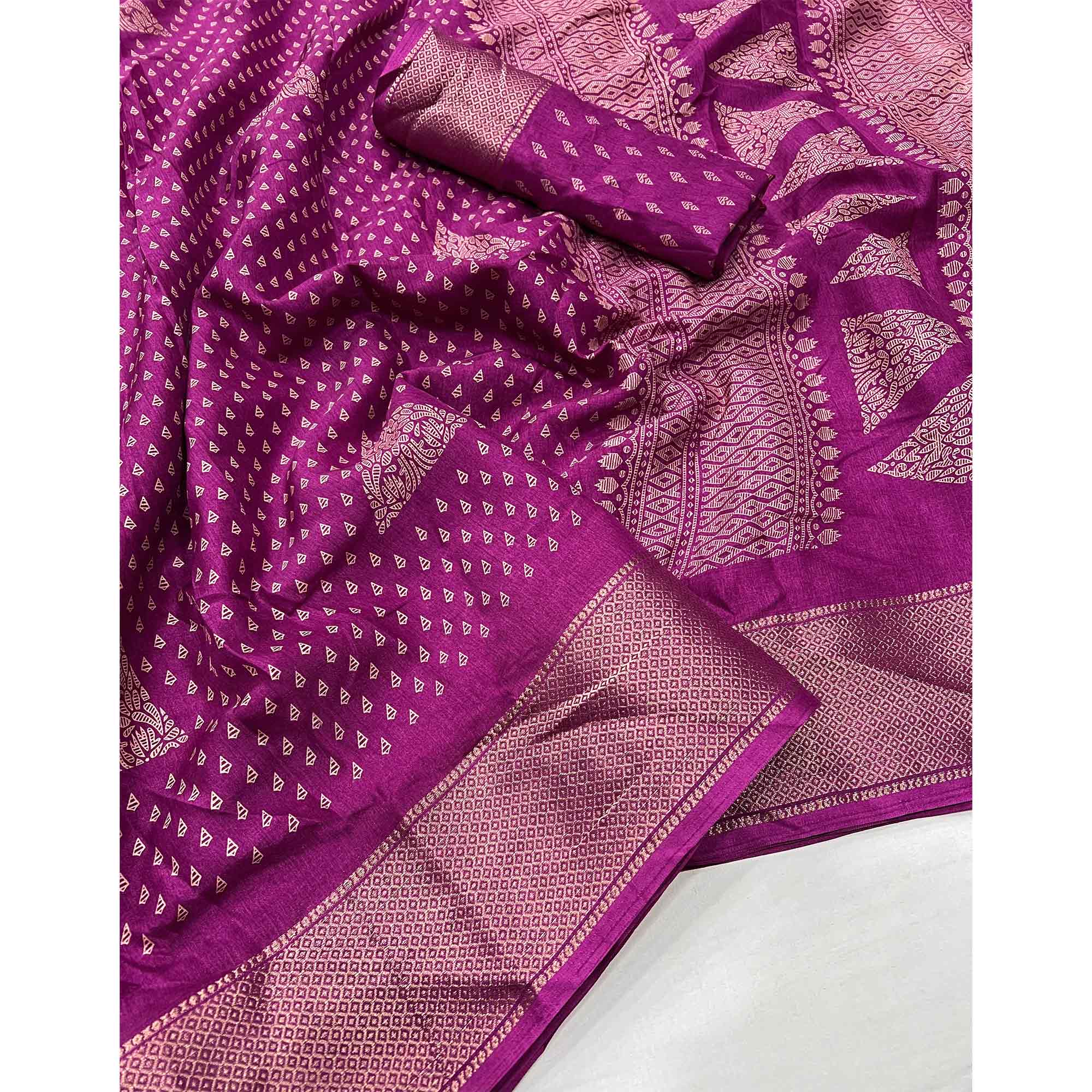 Purple Geometric Printed Dola Silk Saree With Zari Border