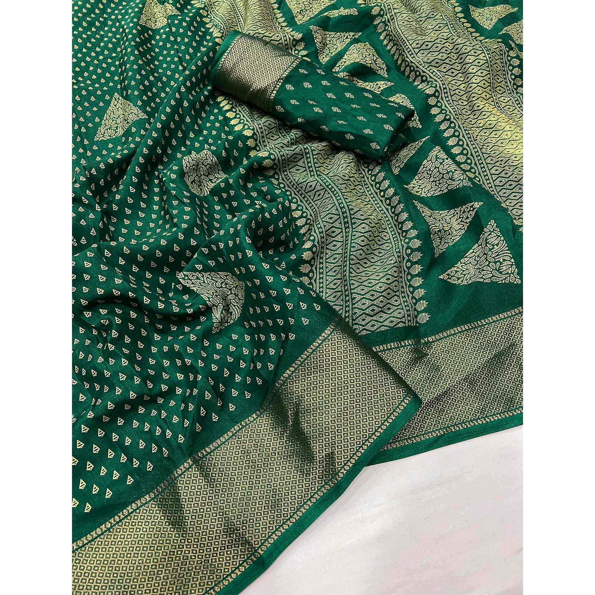 Green Geometric Printed Dola Silk Saree With Zari Border