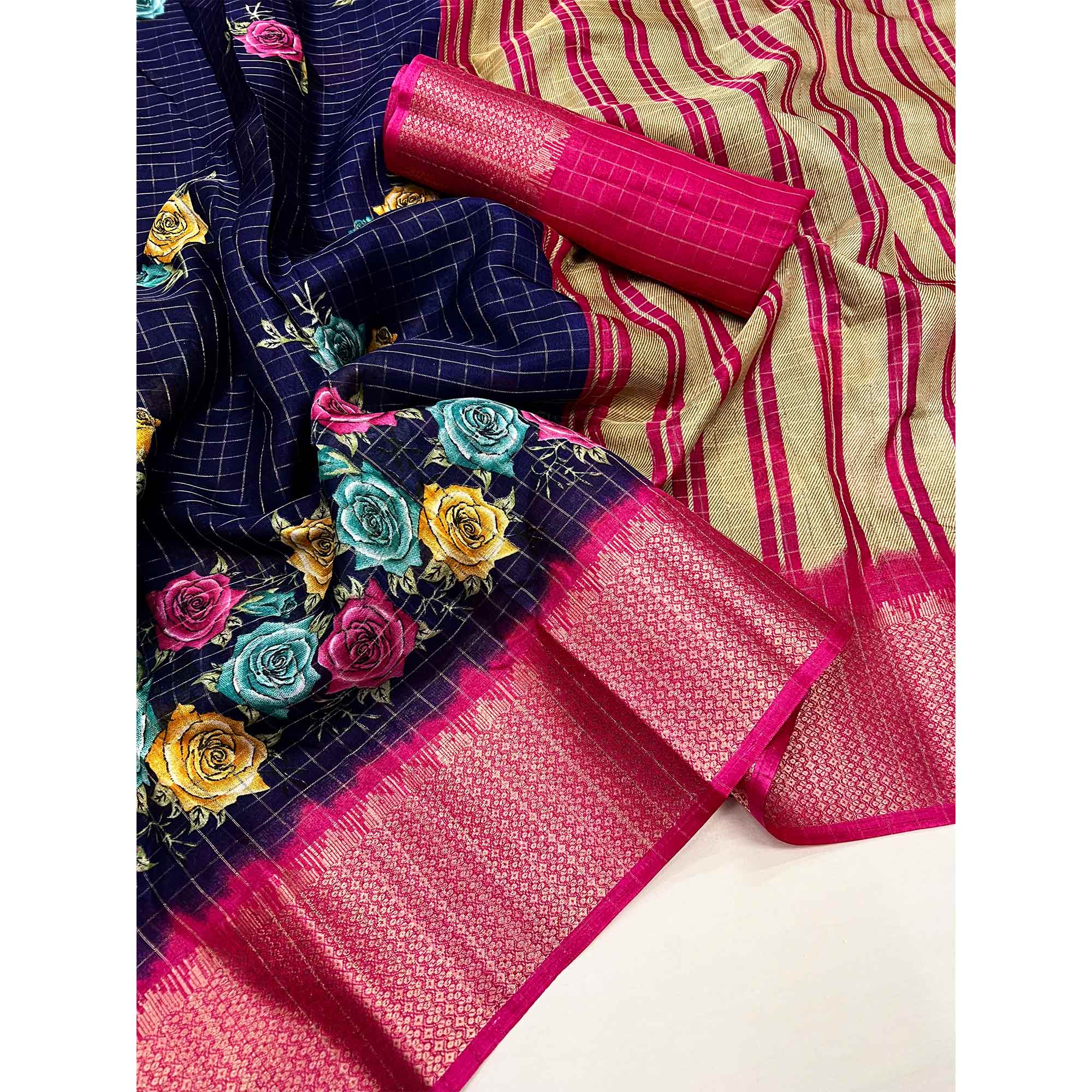 Blue Floral Zari Checks Woven Dola Silk Jacquard Saree