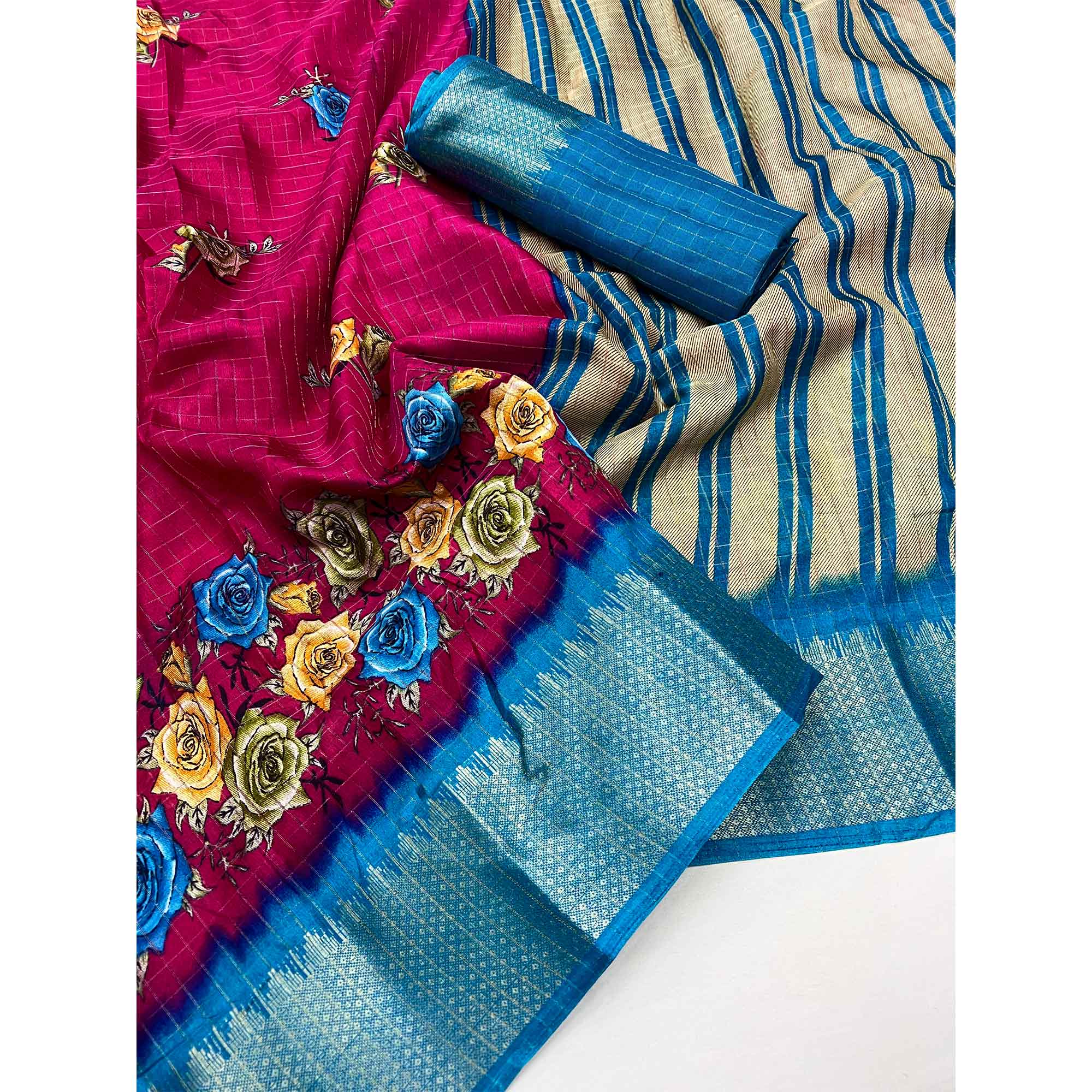 Pink Floral Zari Checks Woven Dola Silk Jacquard Saree