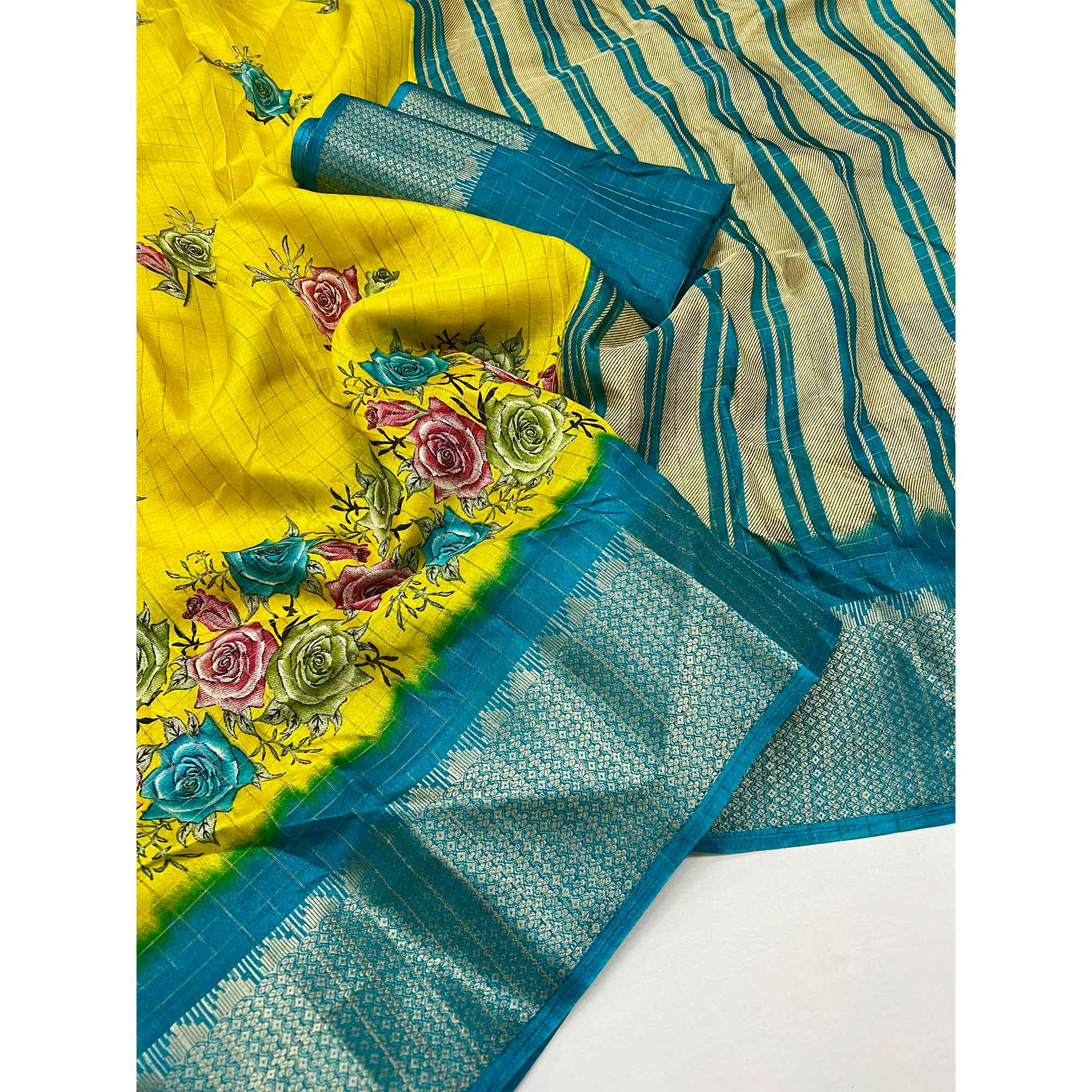 Yellow Floral Zari Checks Woven Dola Silk Jacquard Saree