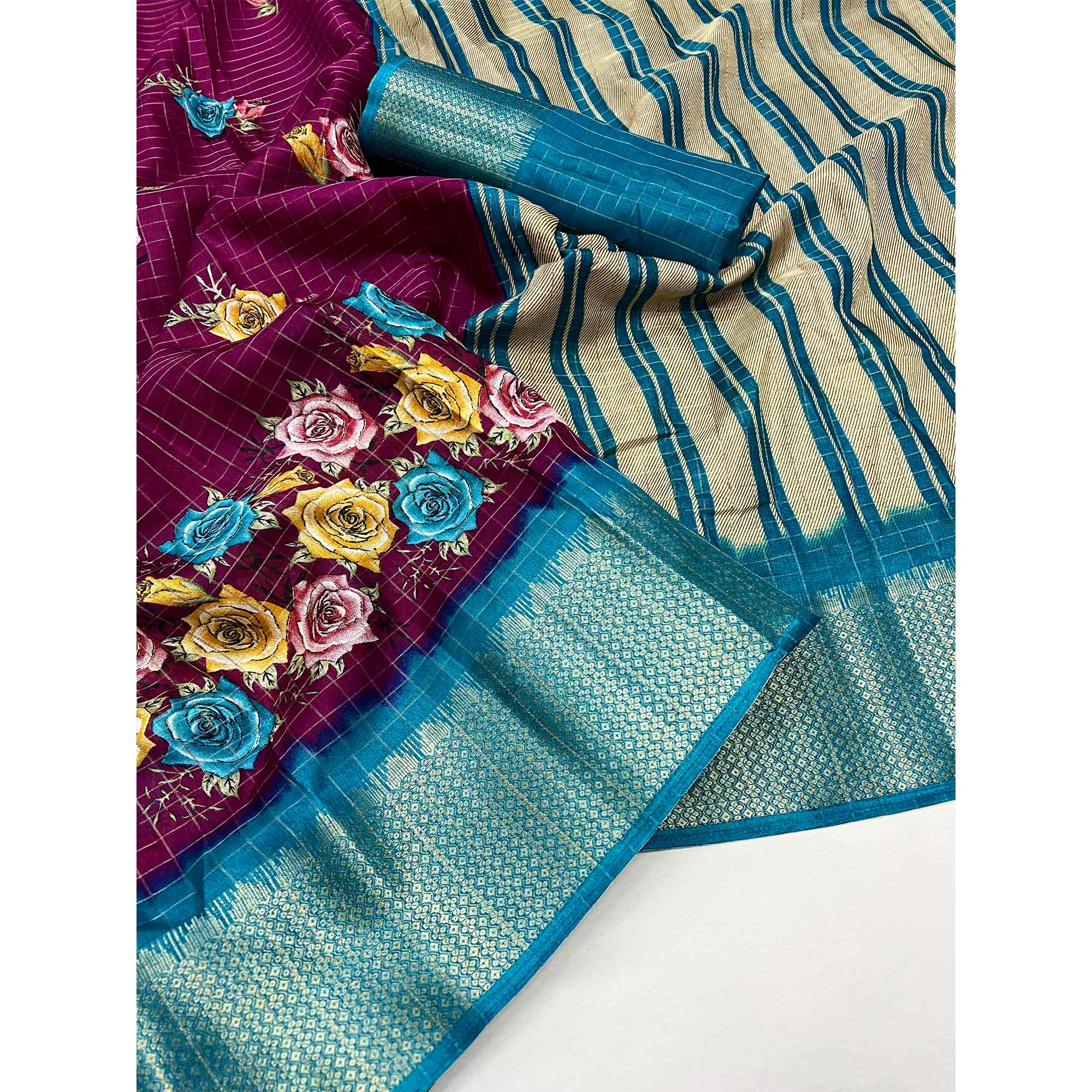 Wine Floral Zari Checks Woven Dola Silk Jacquard Saree