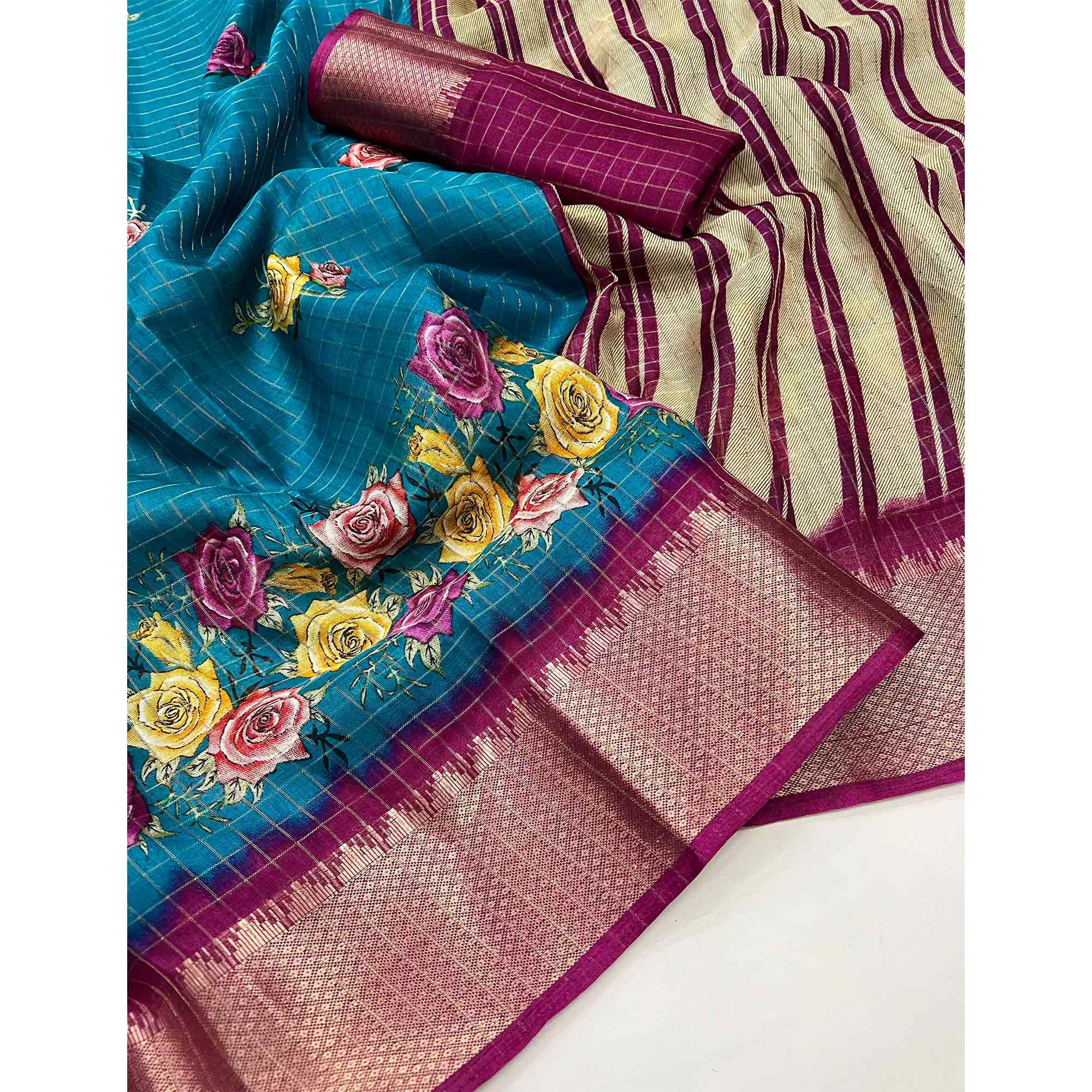 Rama Blue Floral Zari Checks Woven Dola Silk Jacquard Saree
