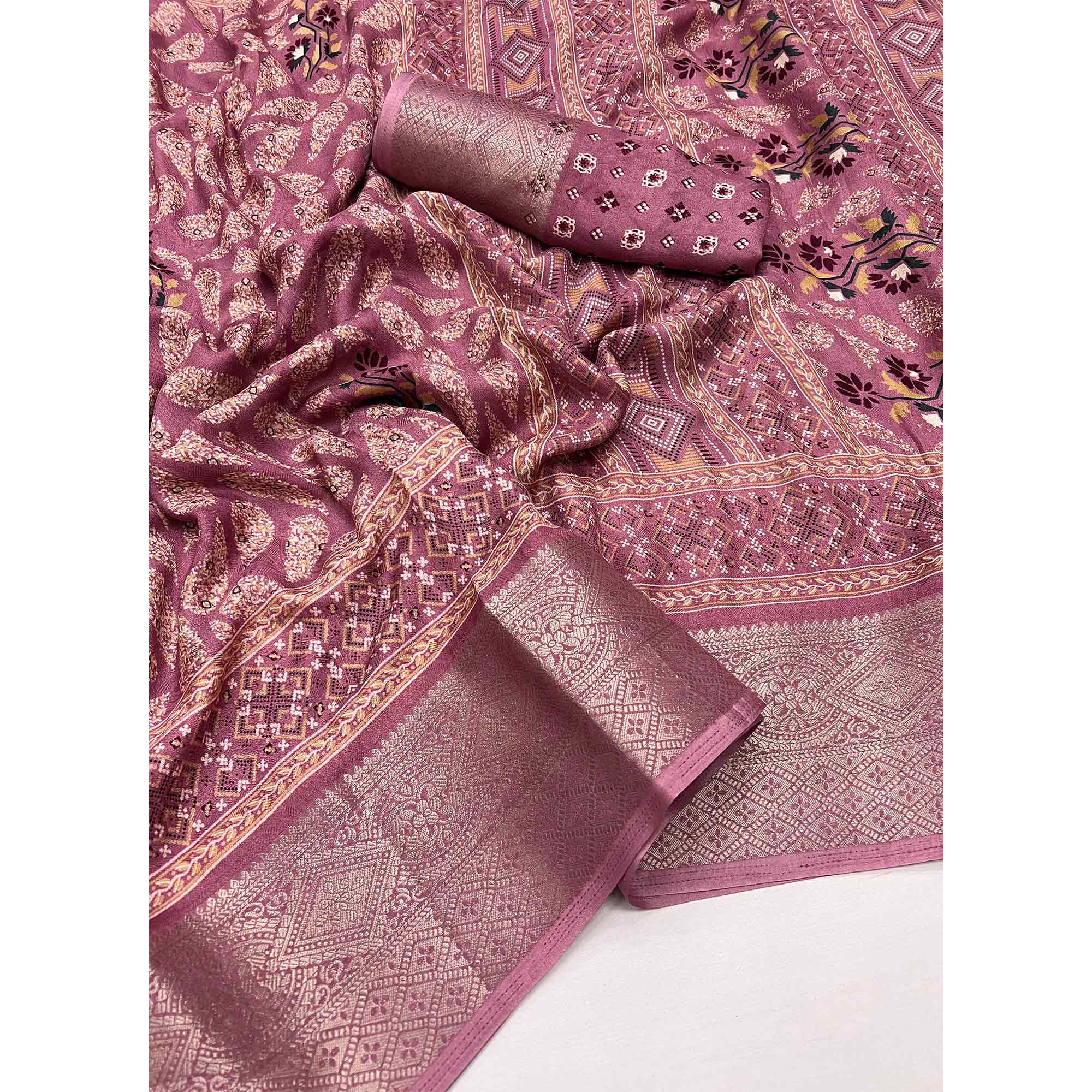 Light Wine Printed Georgette Saree With Jacquard Border