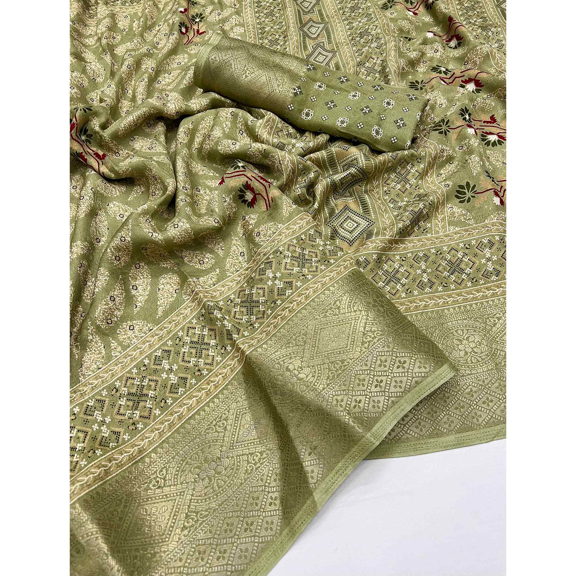 Green Printed Georgette Saree With Jacquard Border