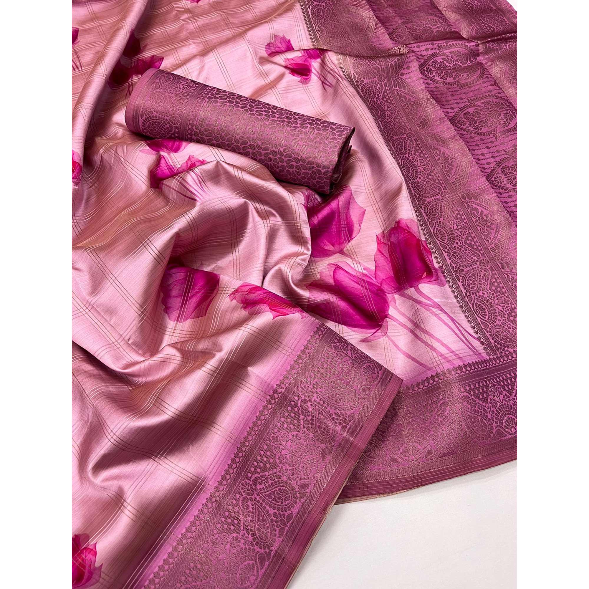 Pink Floral Woven With Digital Printed Art Silk Saree