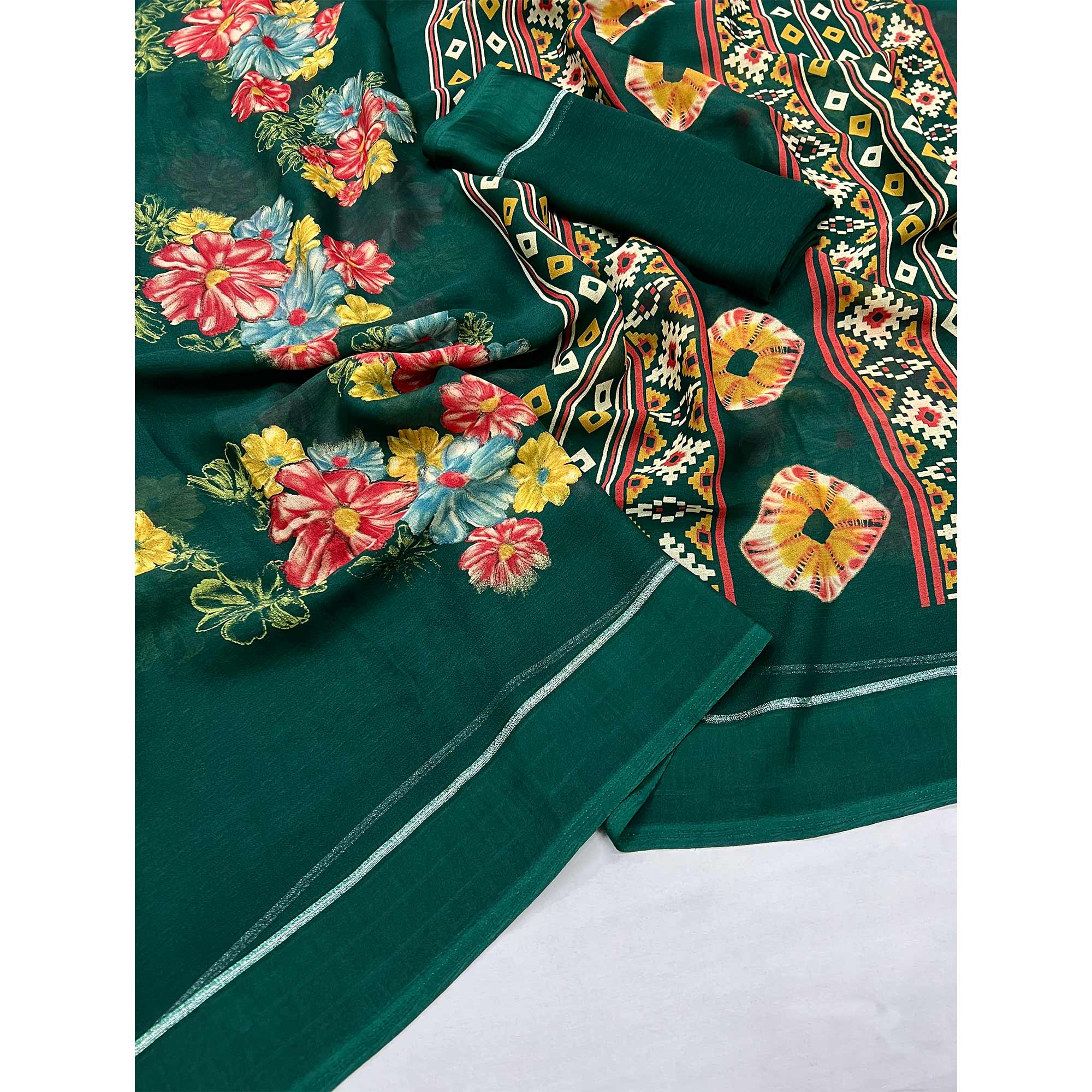 Green Floral Printed Georgette Saree With Fancy Zari Border