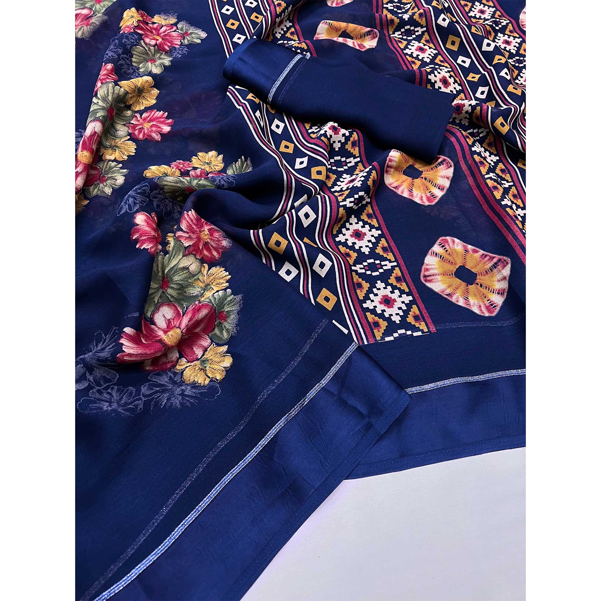 Blue Floral Printed Georgette Saree With Fancy Zari Border