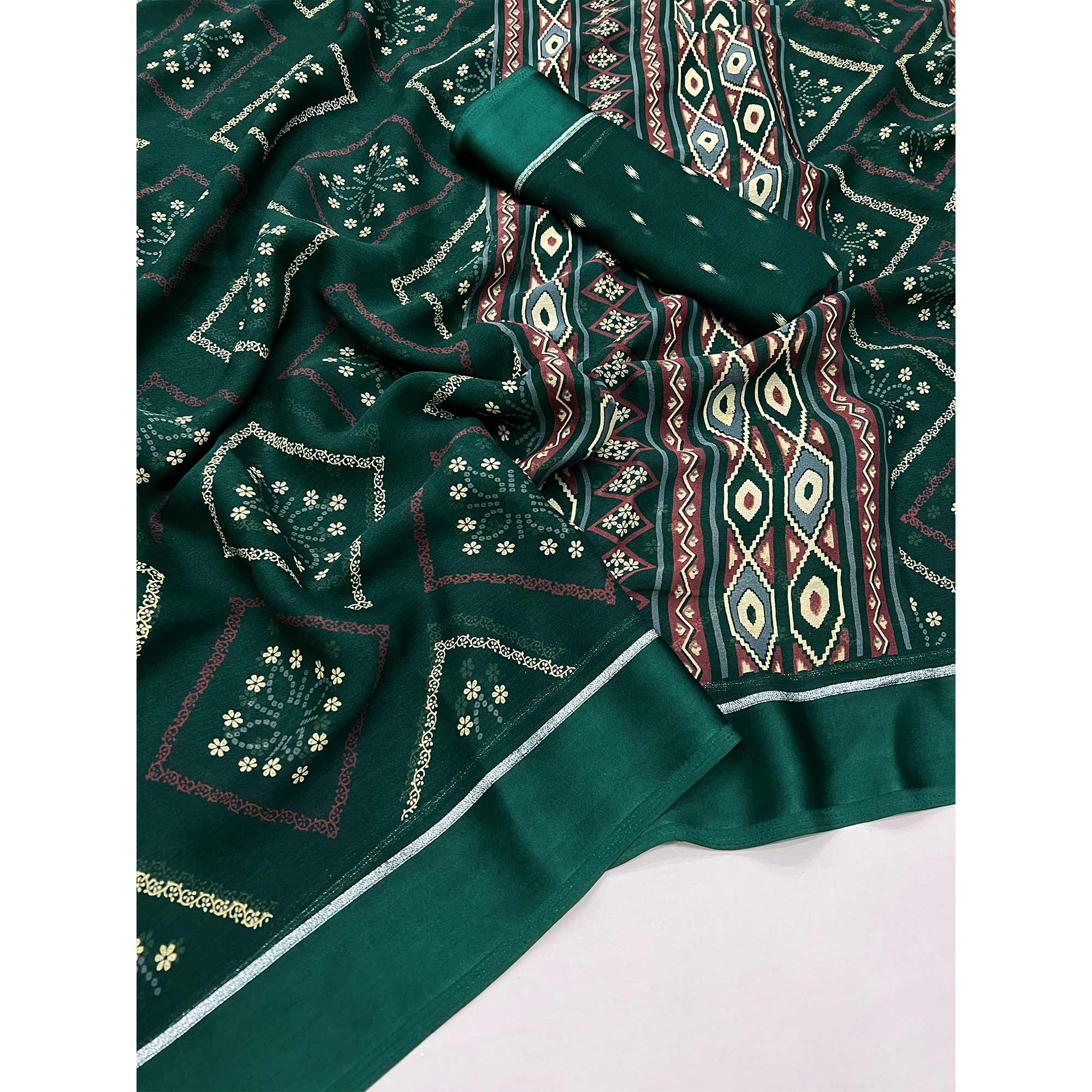 Green Floral Printed Georgette Saree With Fancy Zari Border