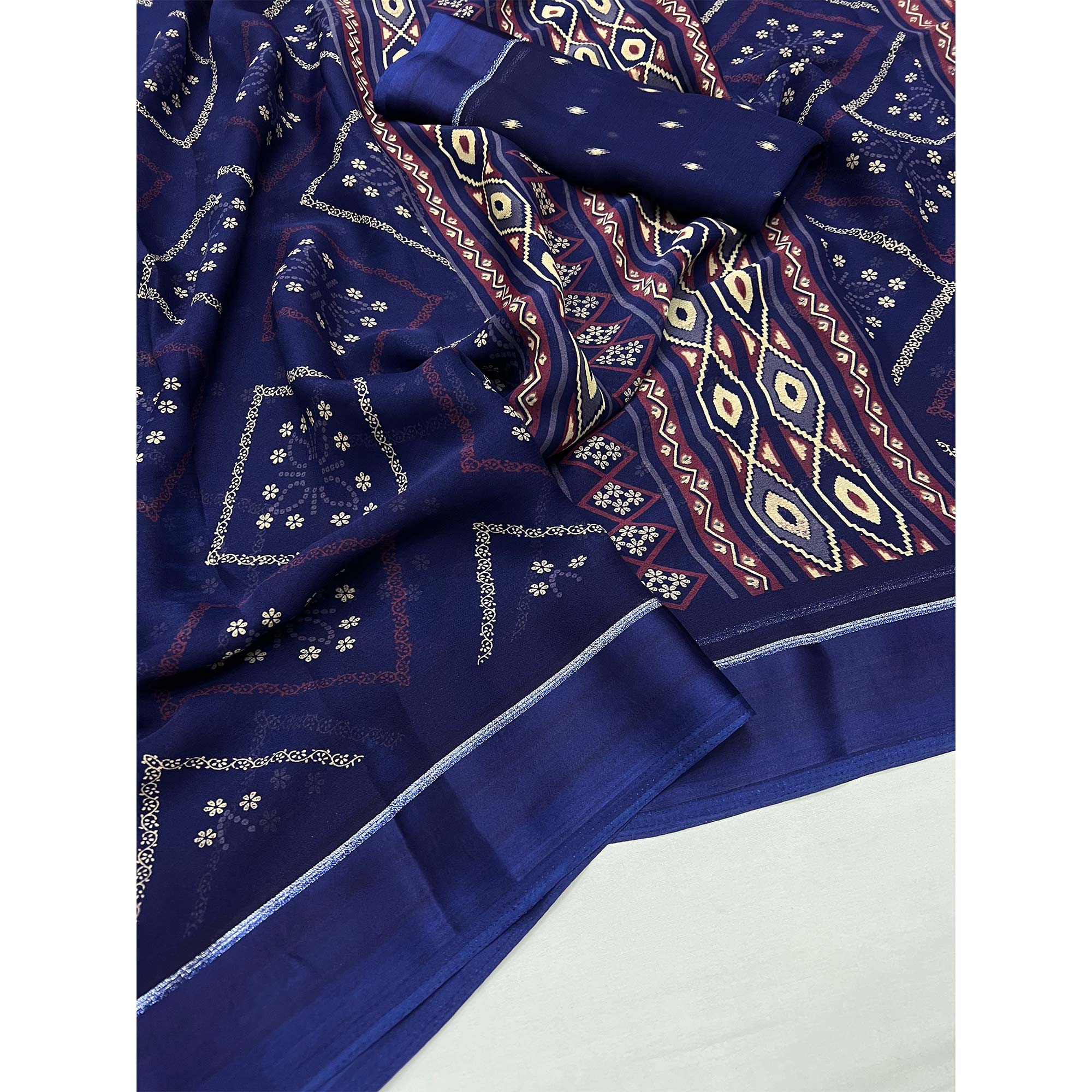 Navy Blue Floral Printed Georgette Saree With Fancy Zari Border