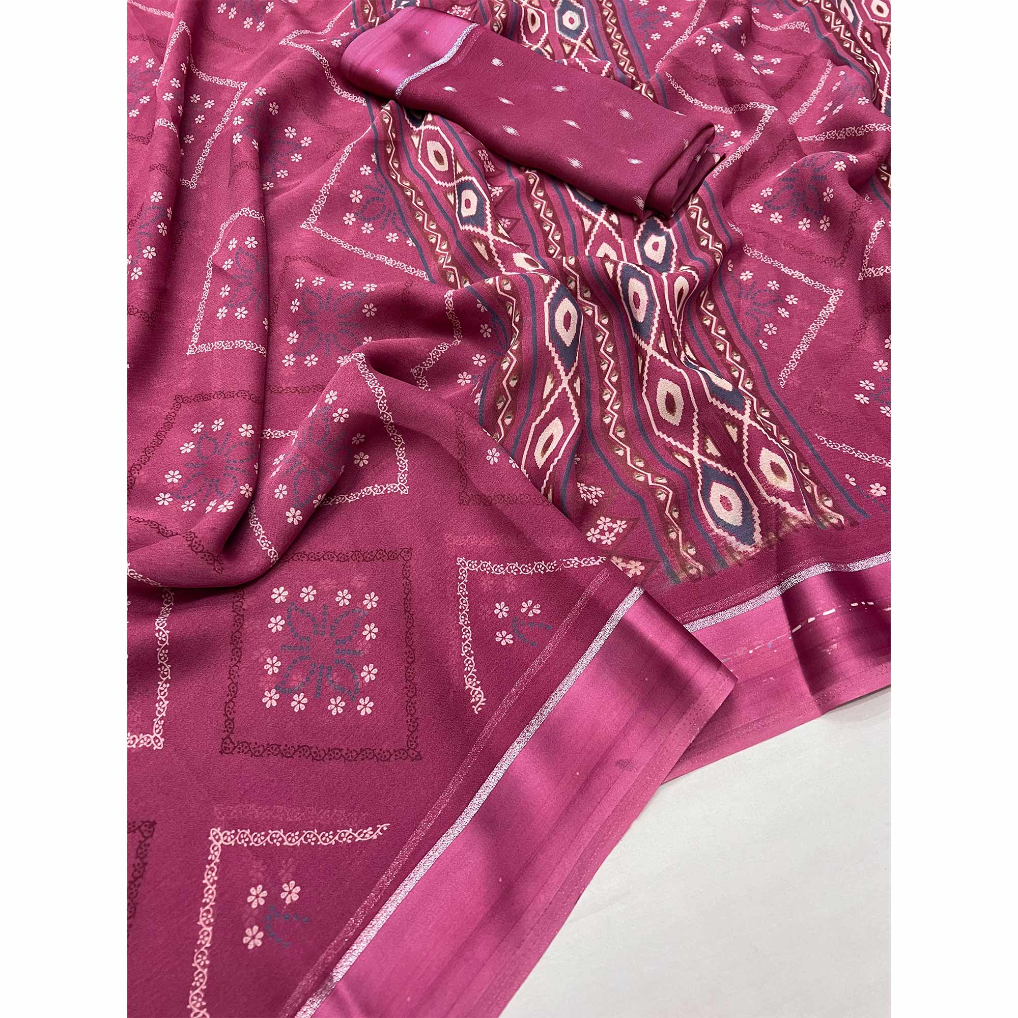 Pink Floral Printed Georgette Saree With Fancy Zari Border