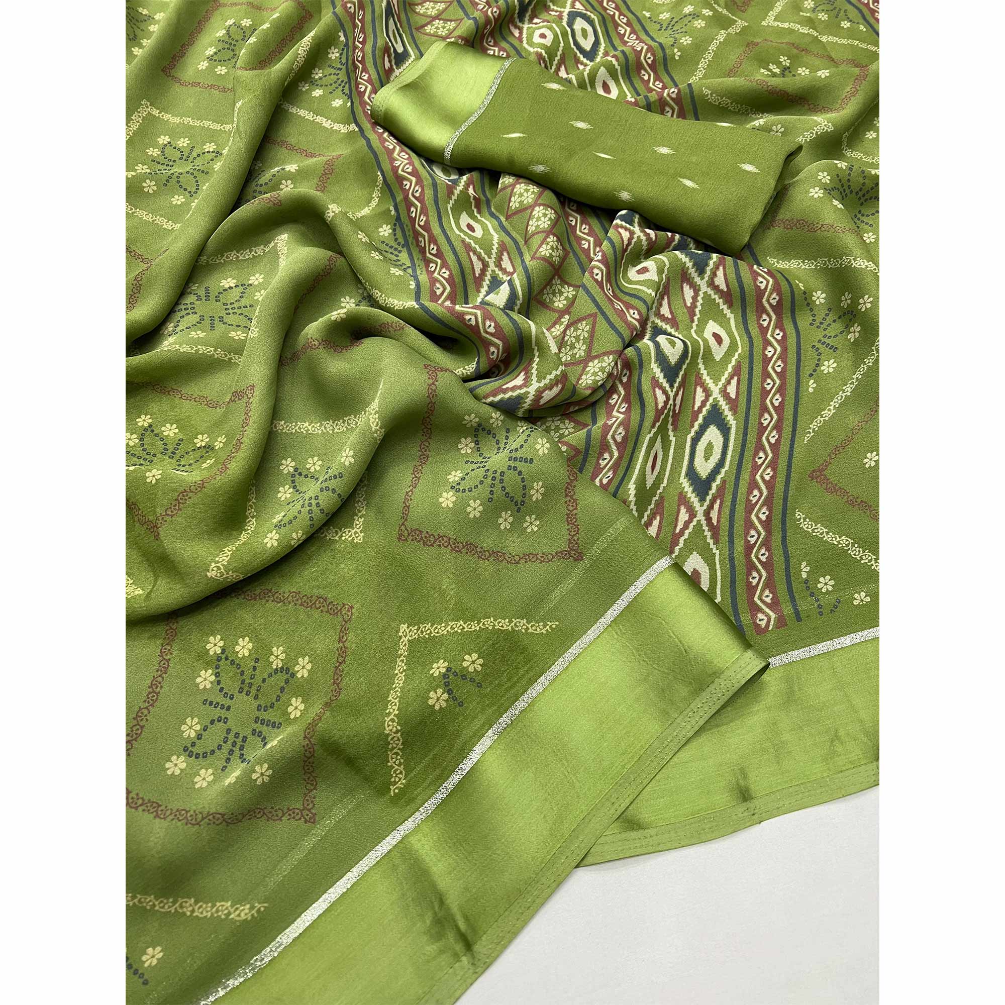 Green Floral Printed Georgette Saree With Fancy Zari Border