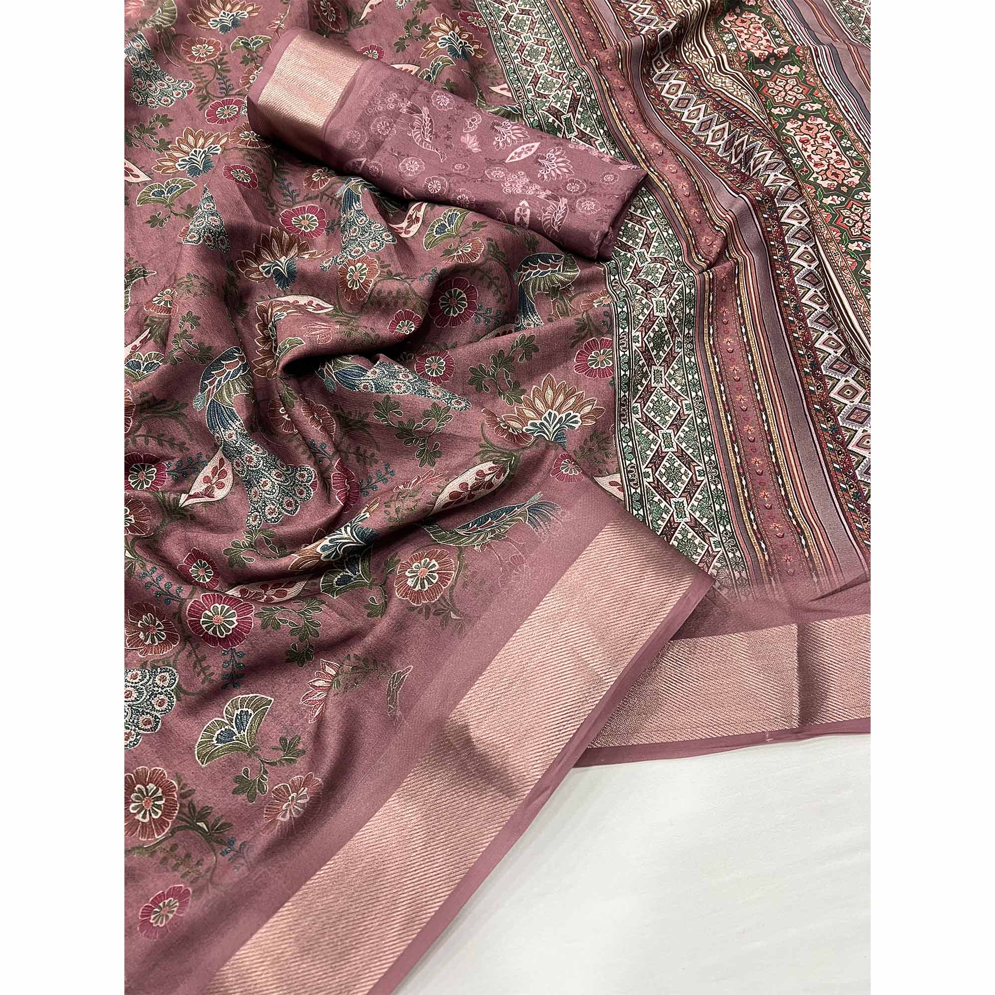 Mauve Floral Digital Printed Georgette Saree With Zari Border