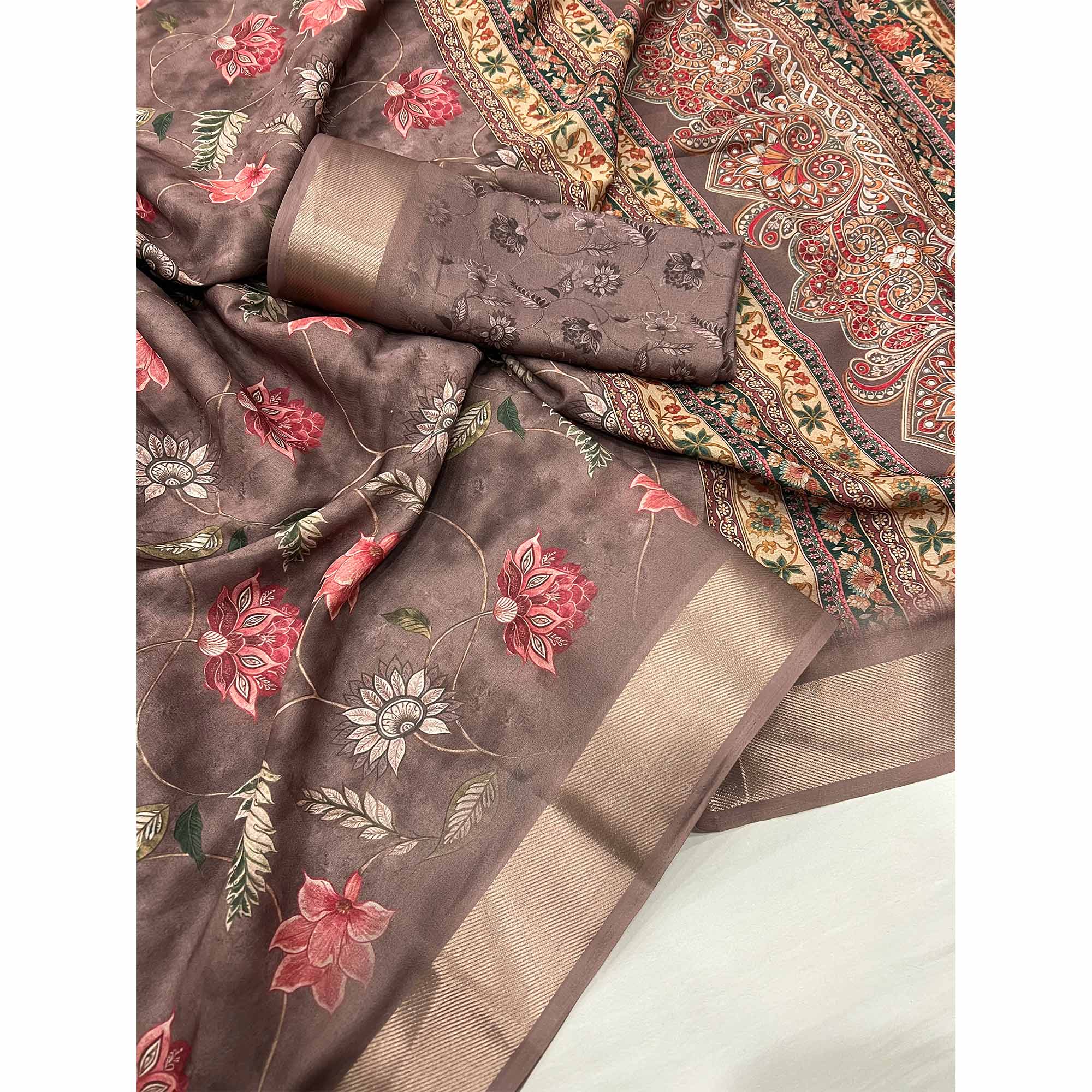 Brown Floral Digital Printed Georgette Saree With Zari Border