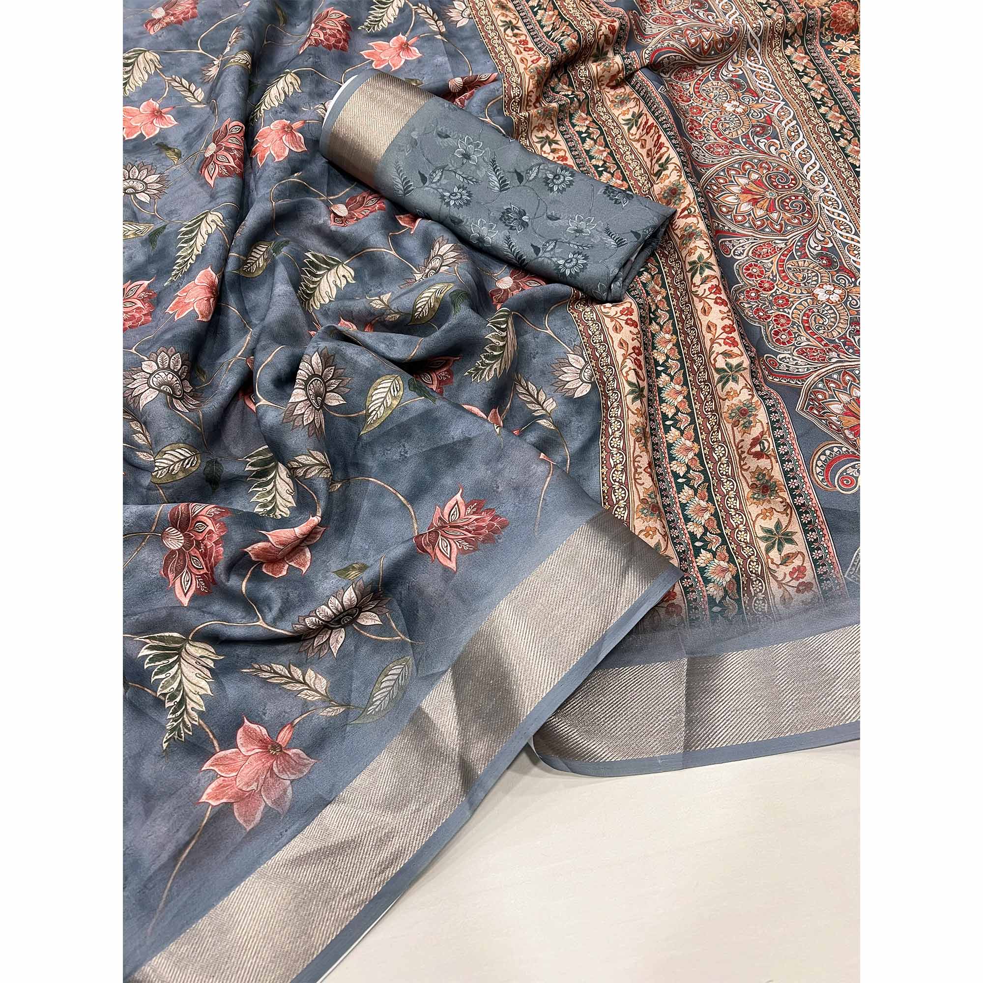 Grey Floral Digital Printed Georgette Saree With Zari Border