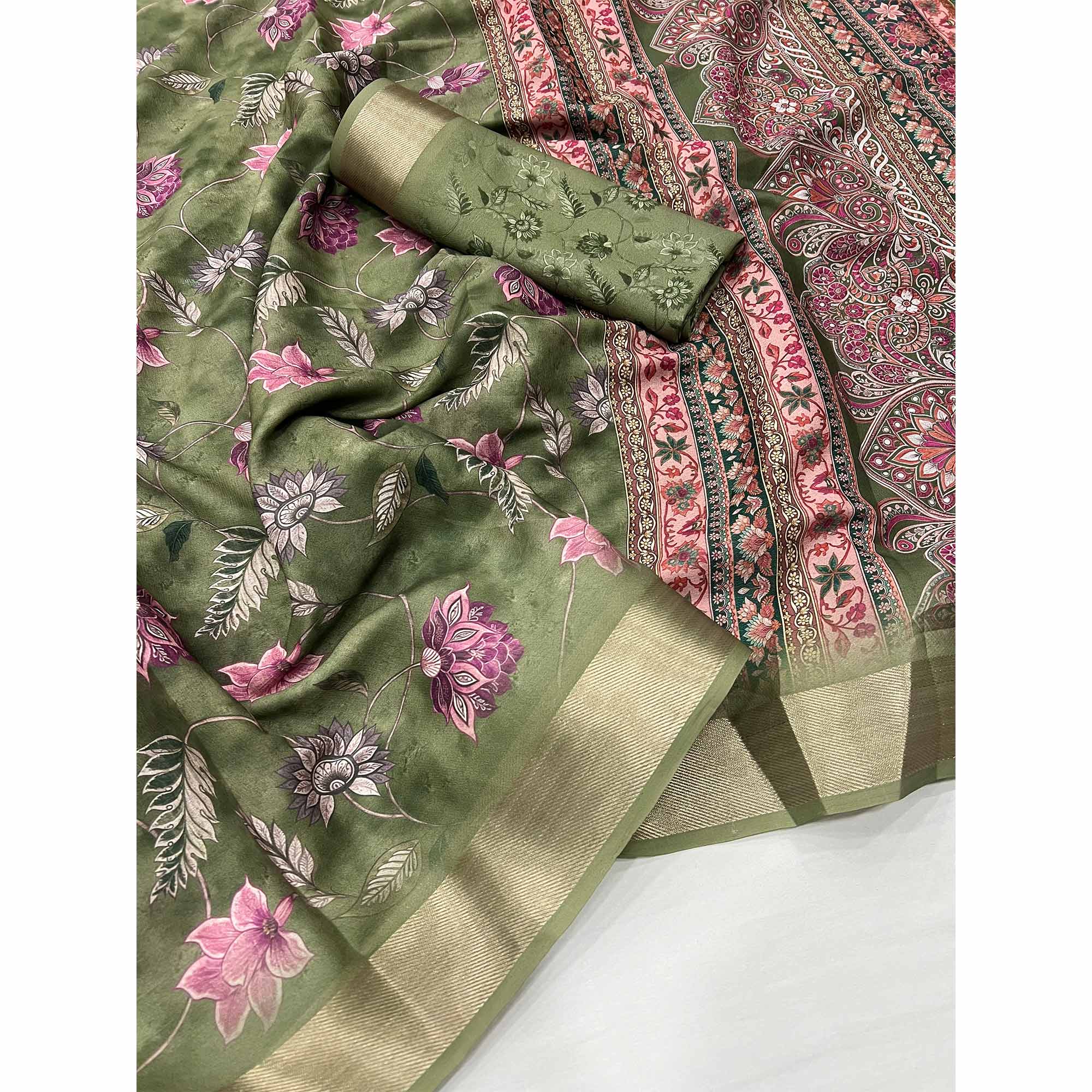 Green Floral Digital Printed Georgette Saree With Zari Border