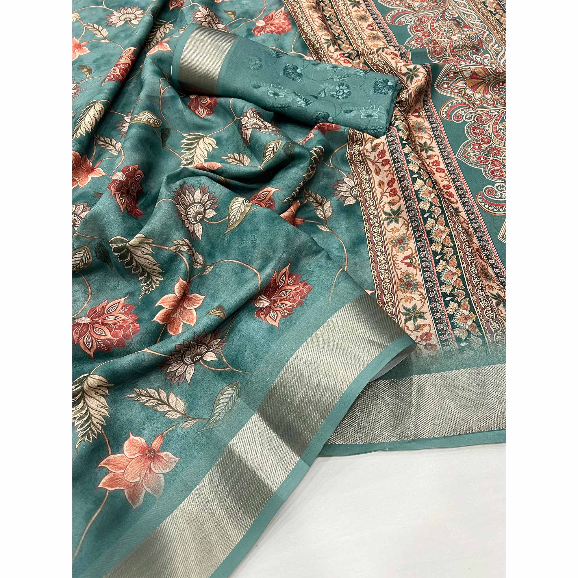 Dusty Teal Floral Digital Printed Georgette Saree With Zari Border