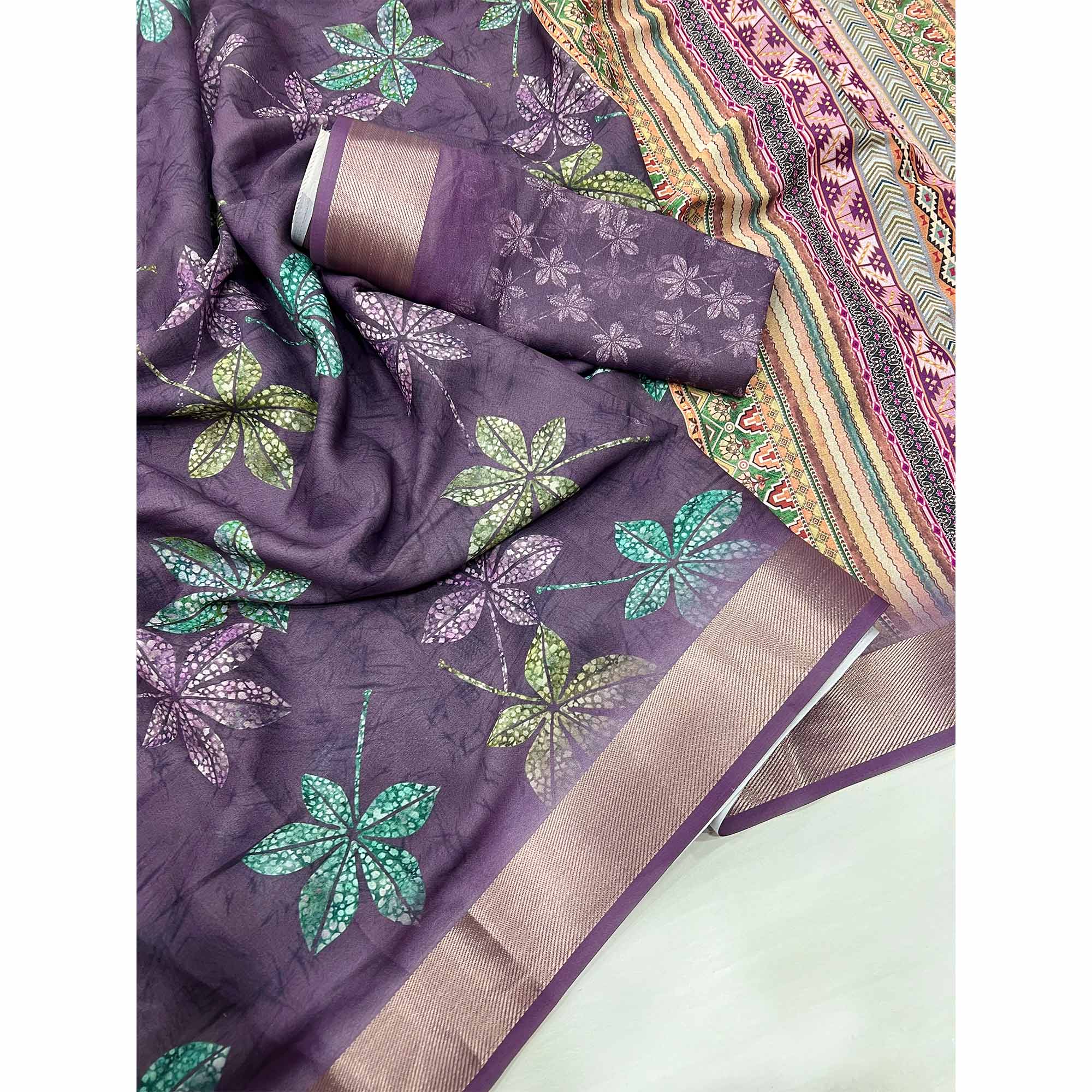 Purple Floral Digital Printed Georgette Saree With Zari Border