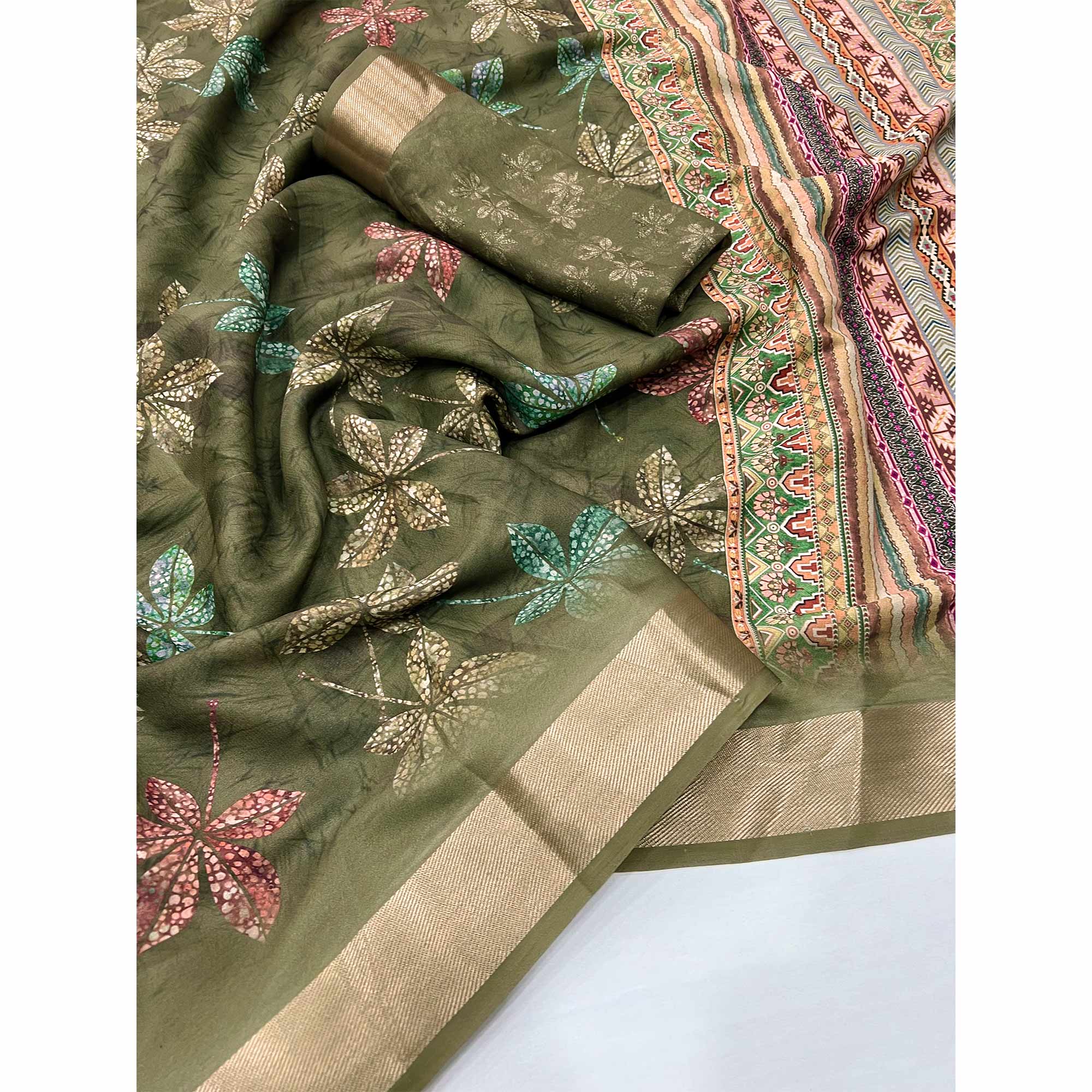 Mehendi Green Floral Digital Printed Georgette Saree With Zari Border