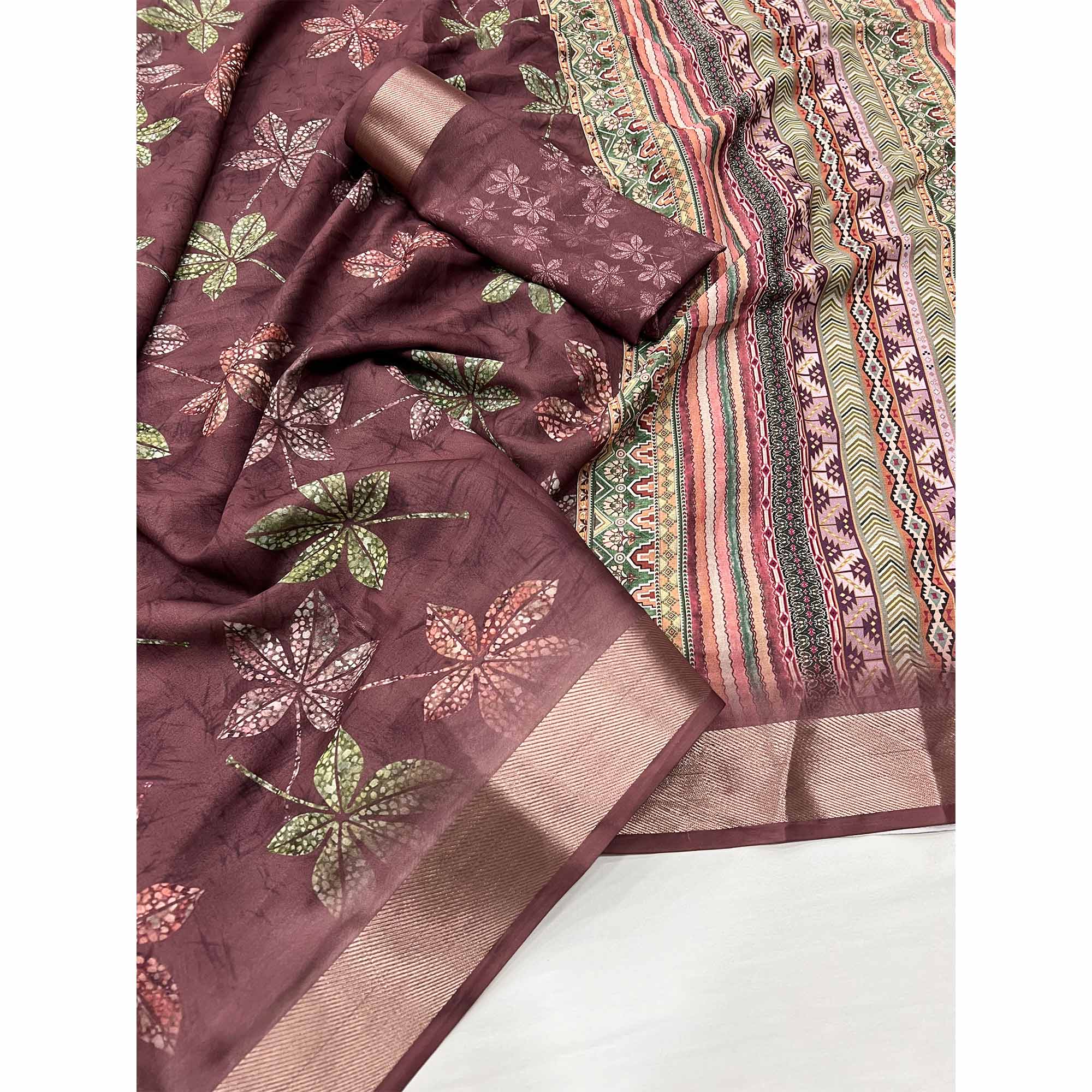 Brown Floral Digital Printed Georgette Saree With Zari Border