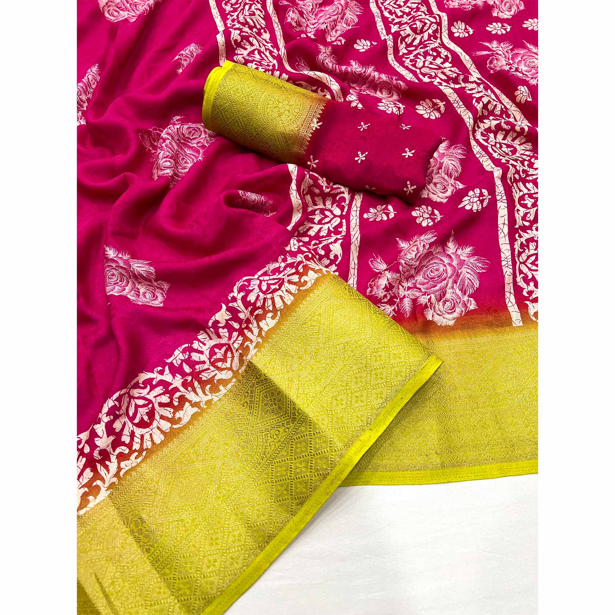 Pink Floral Printed Georgette Saree With Fancy Jacquard Zari Border