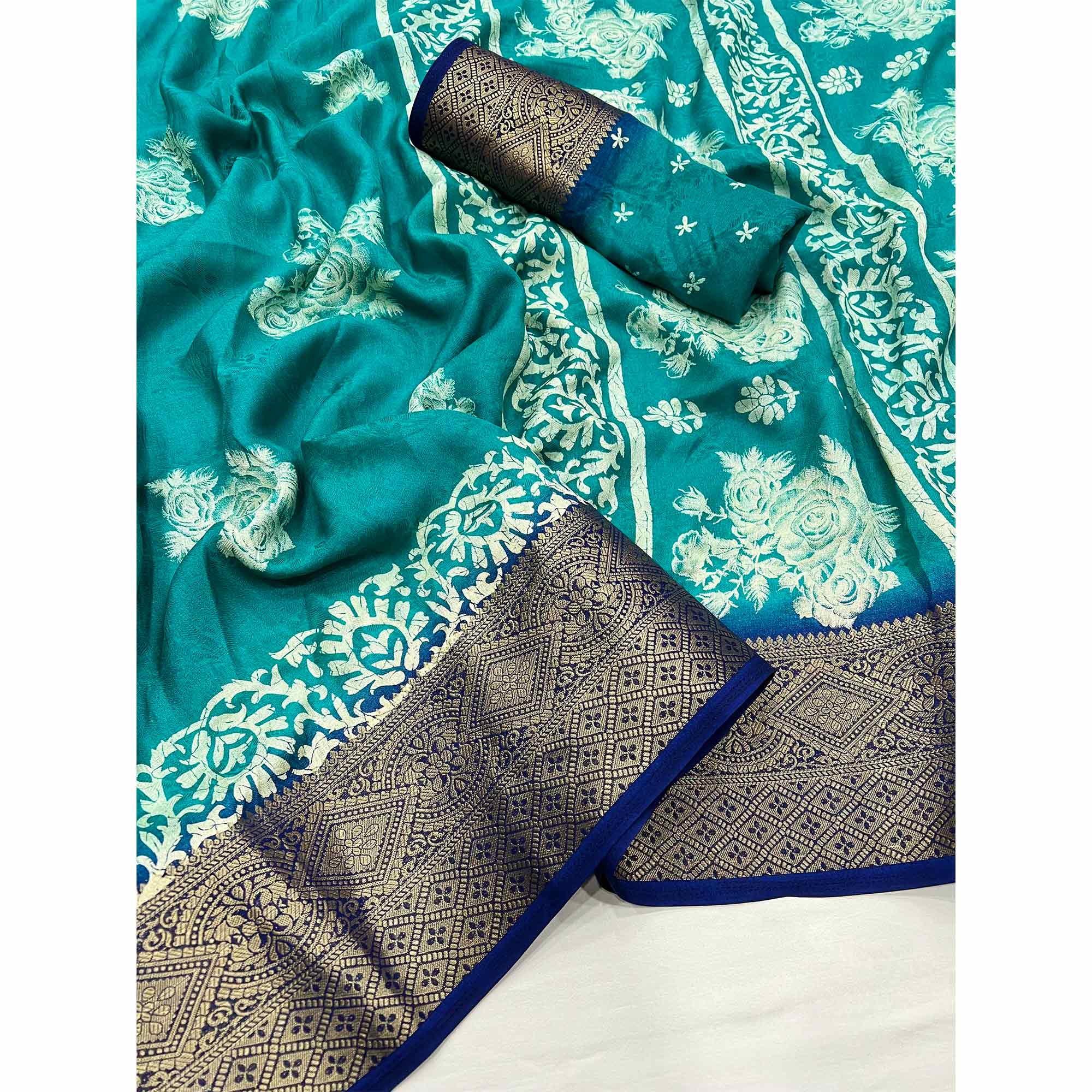 Rama Blue Floral Printed Georgette Saree With Fancy Jacquard Zari Border