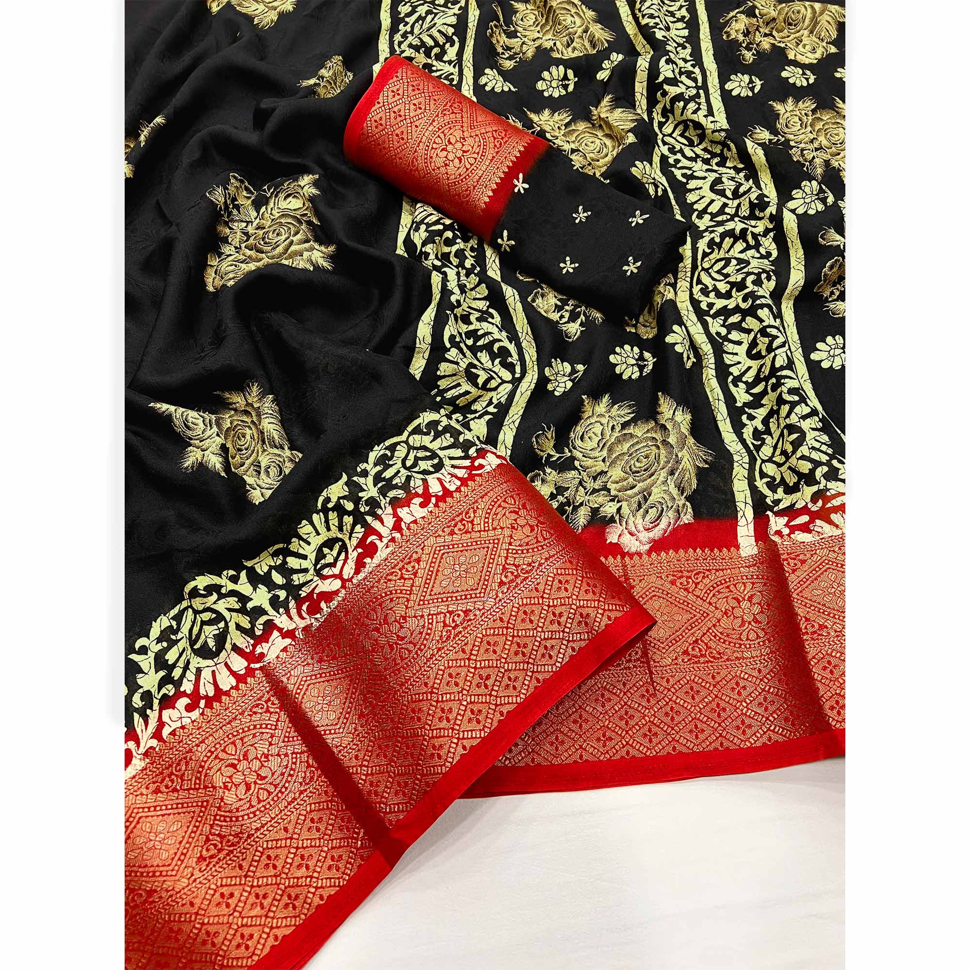 Black Floral Printed Georgette Saree With Fancy Jacquard Zari Border