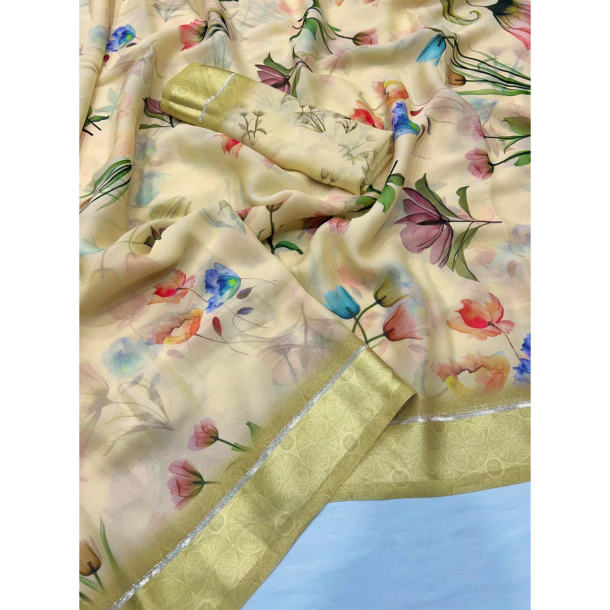 Light Yellow Floral Digital Printed Georgette Saree With Fancy Zari Border