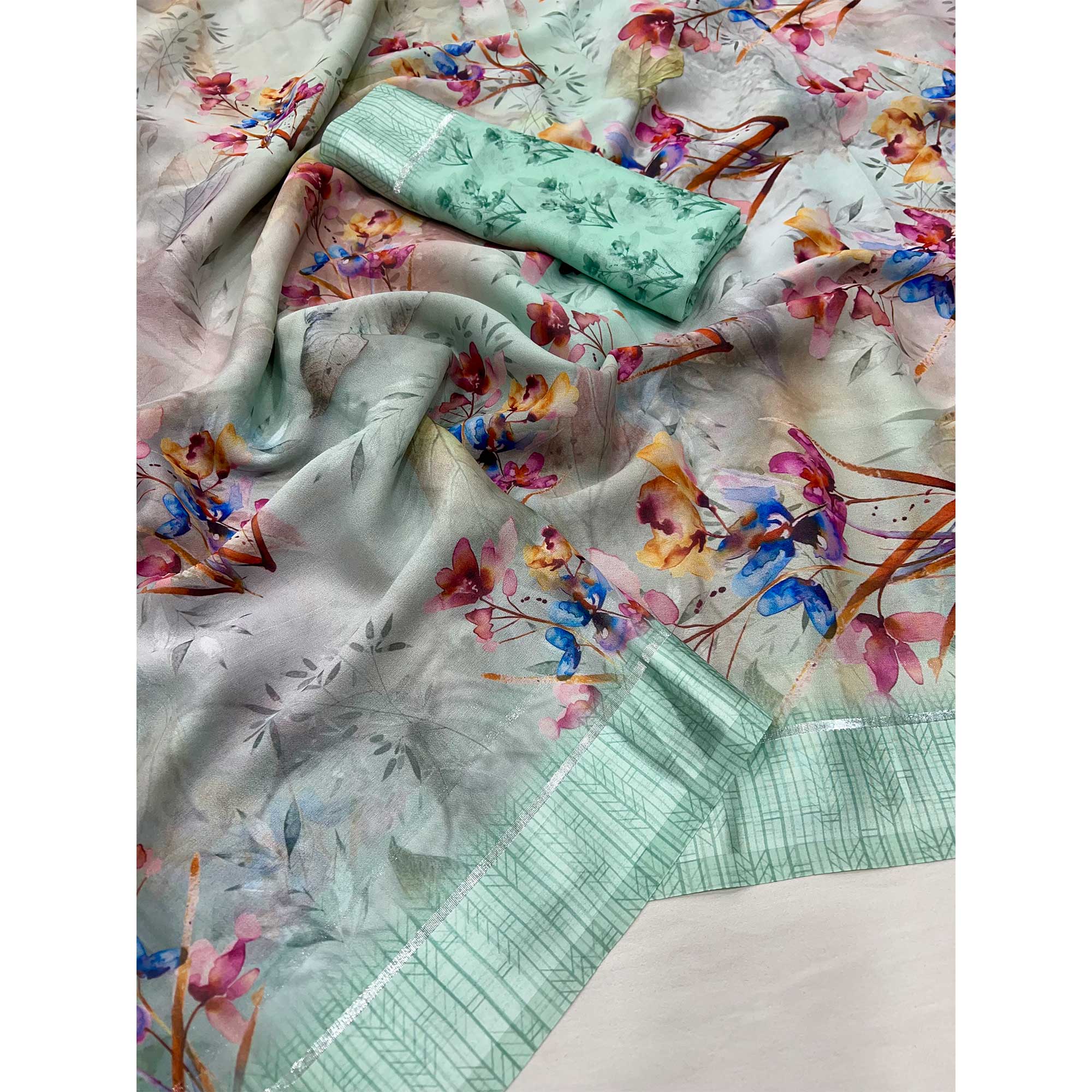 Sea Green Floral Digital Printed Georgette Saree With Fancy Zari Border