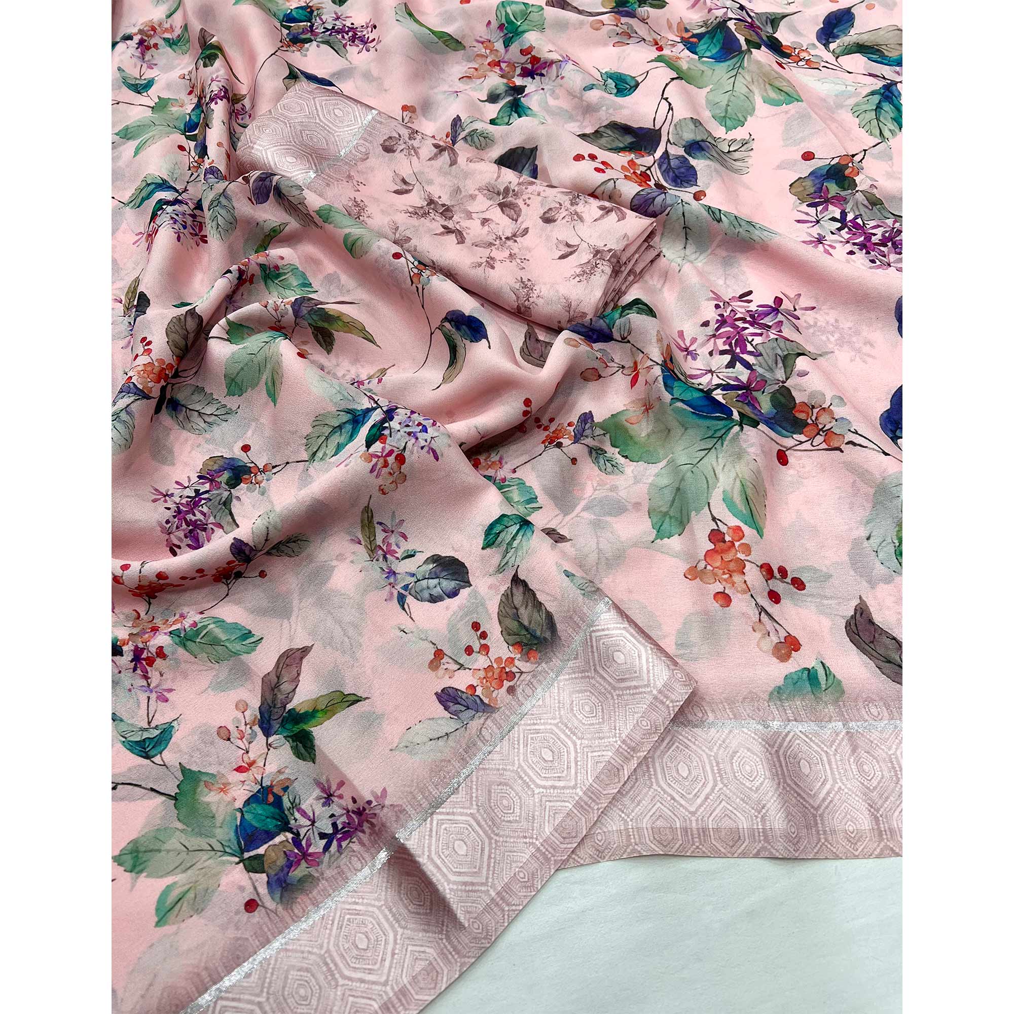 Pink Floral Digital Printed Georgette Saree With Fancy Zari Border