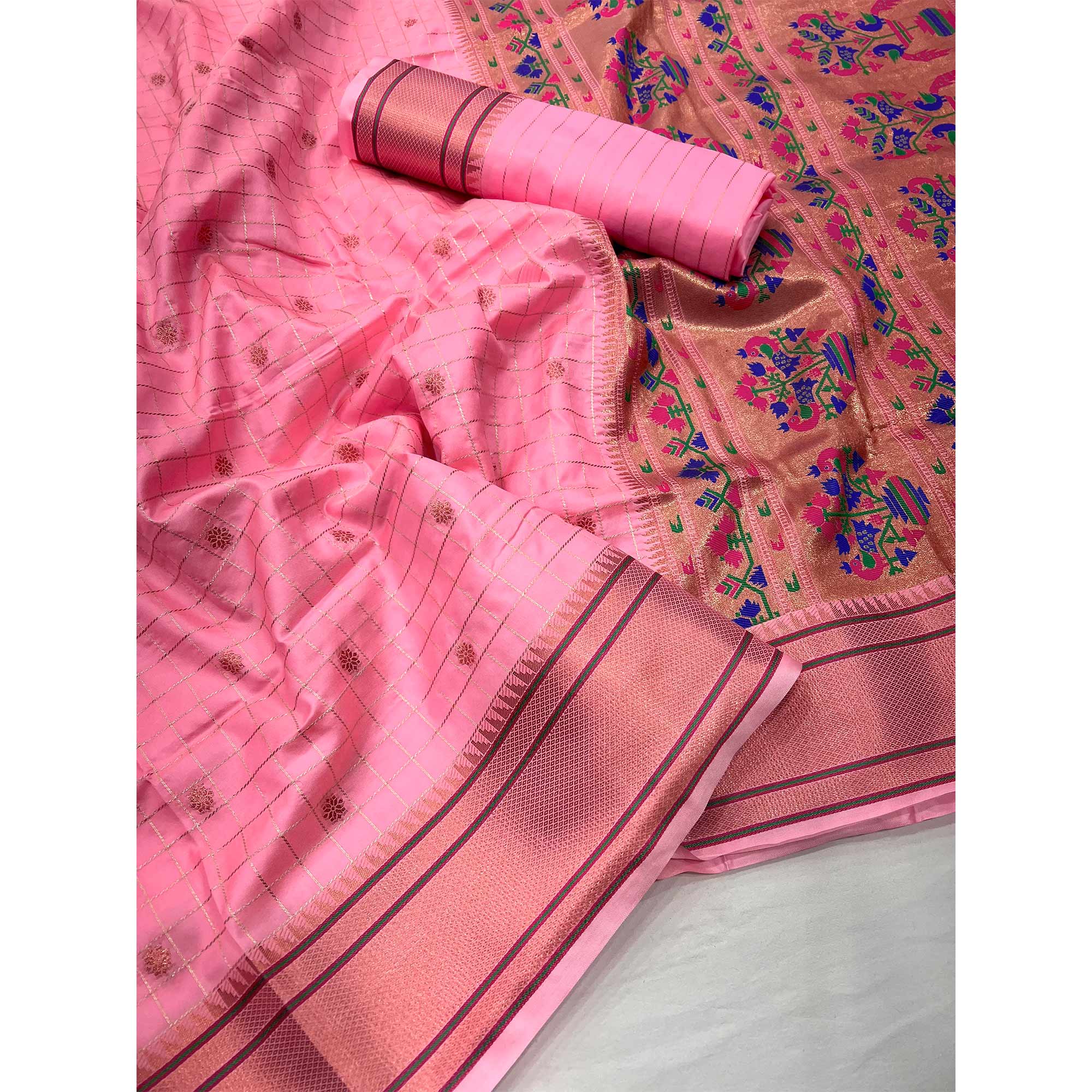 Pink Floral Woven Zari Checks Art Silk Saree