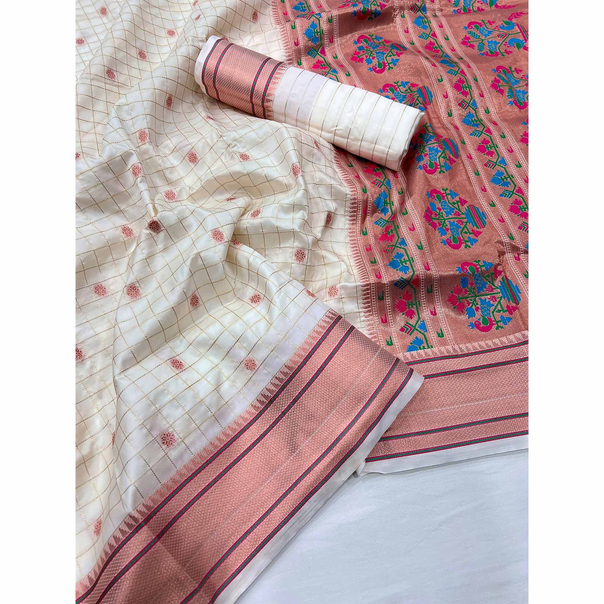 White Floral Woven Zari Checks Art Silk Saree