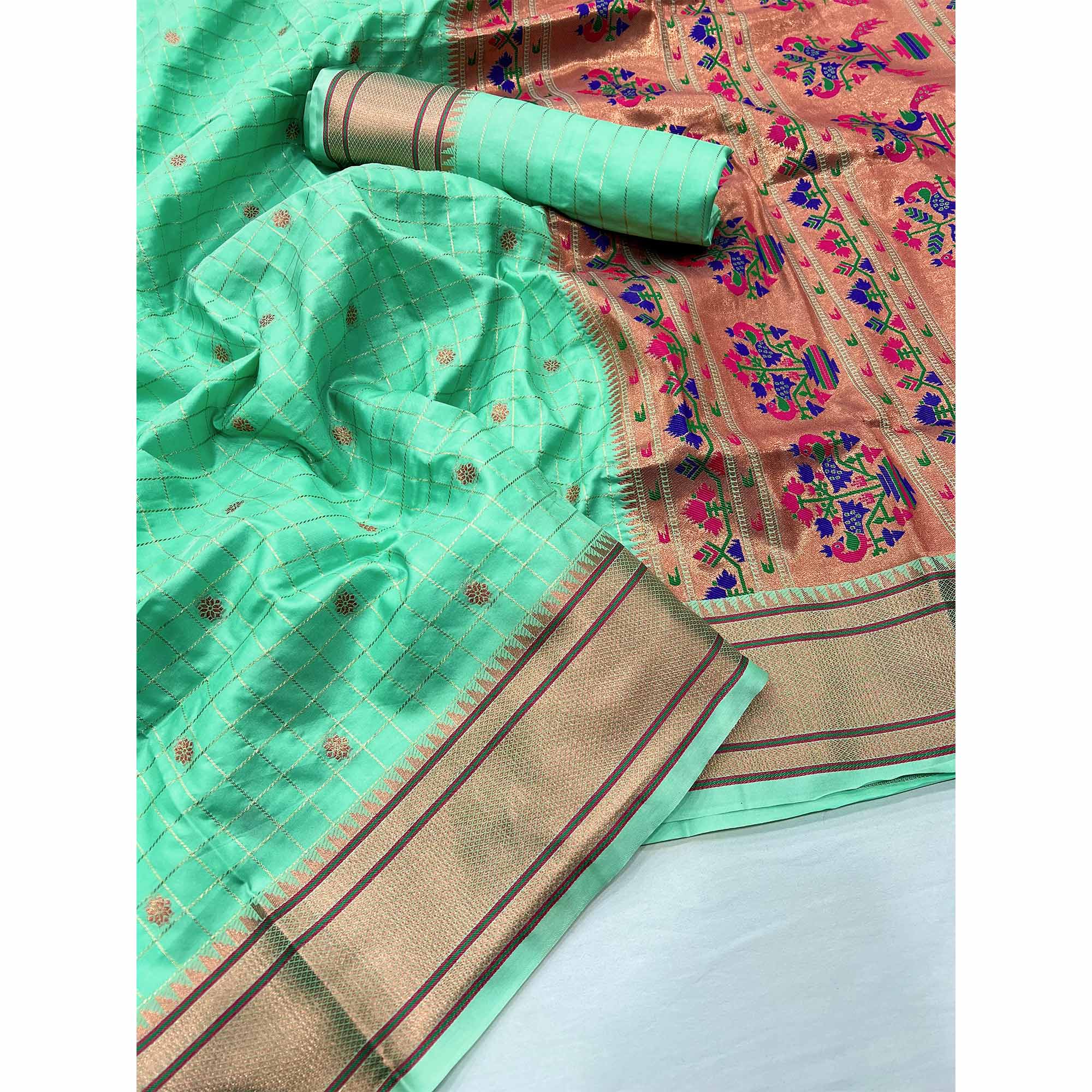 Sea Green Floral Woven Zari Checks Art Silk Saree