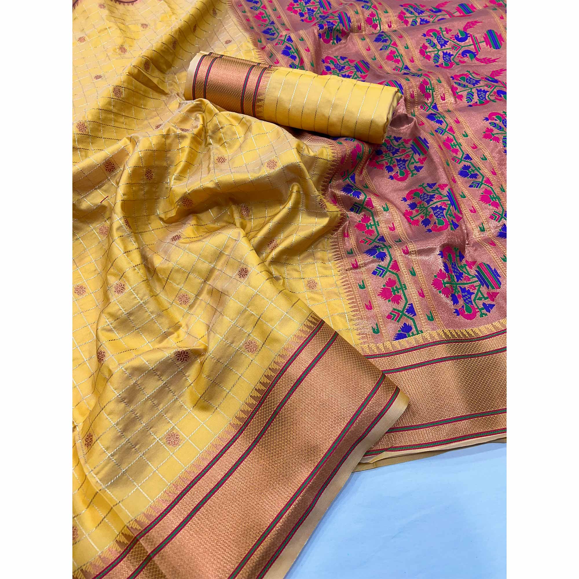 Yellow Floral Woven Zari Checks Art Silk Saree