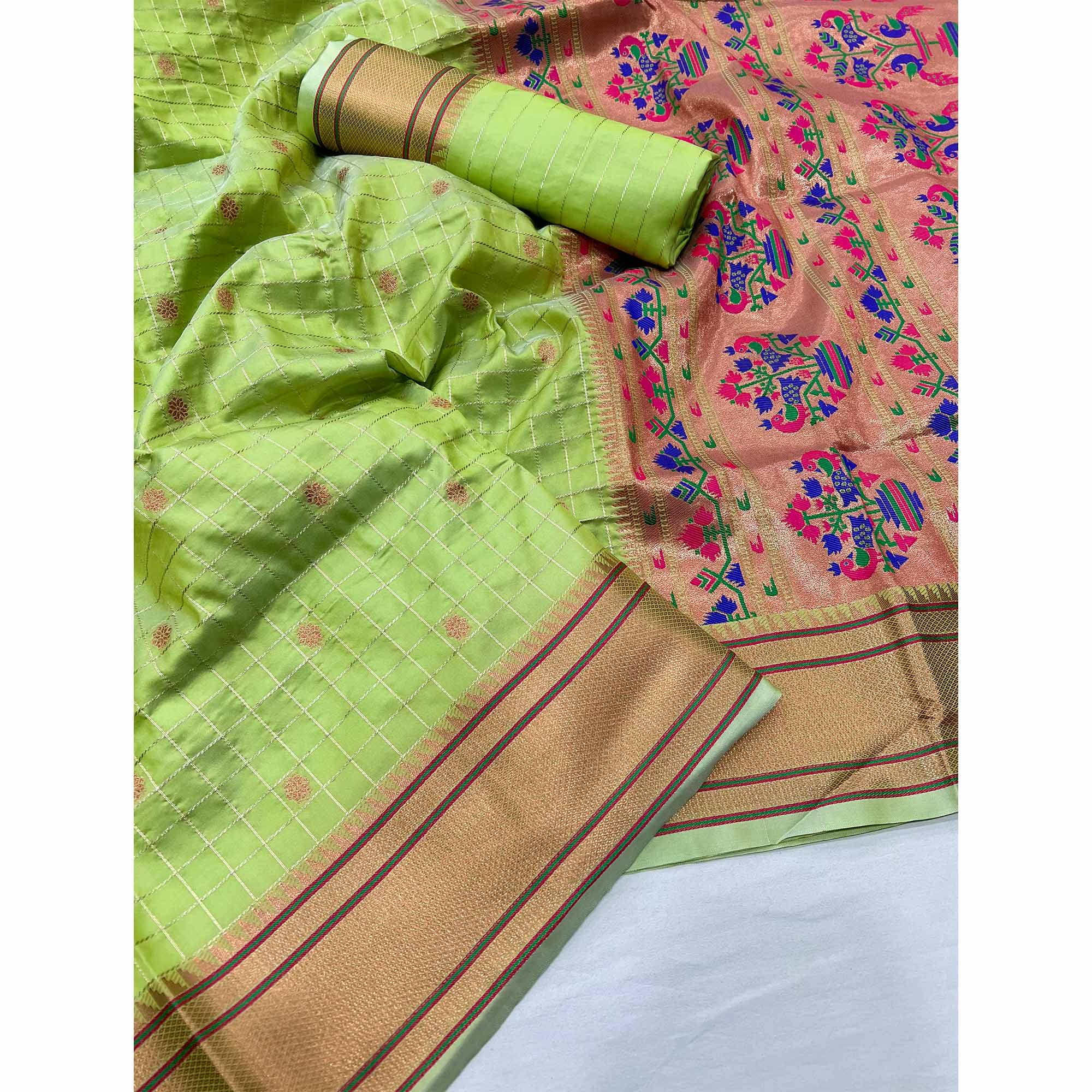 Green Floral Woven Zari Checks Art Silk Saree