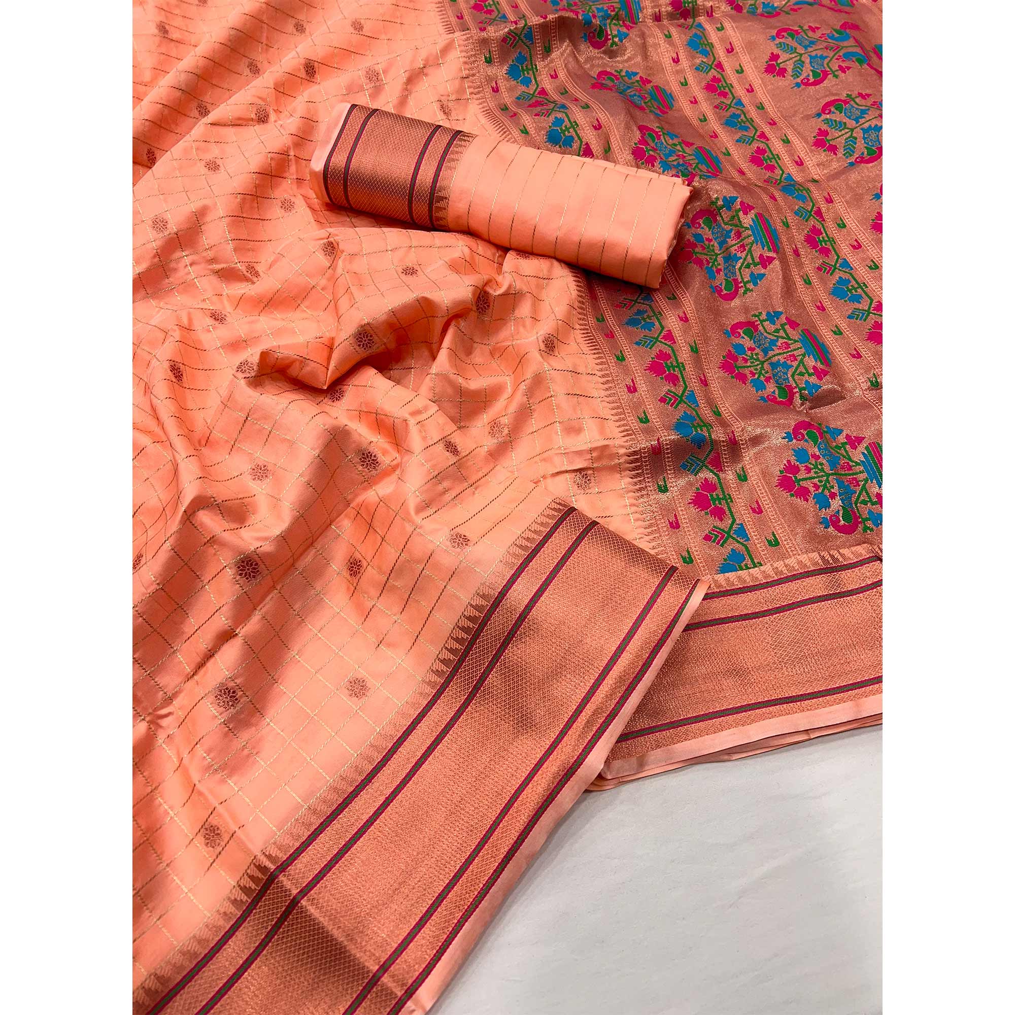 Peach Floral Woven Zari Checks Art Silk Saree