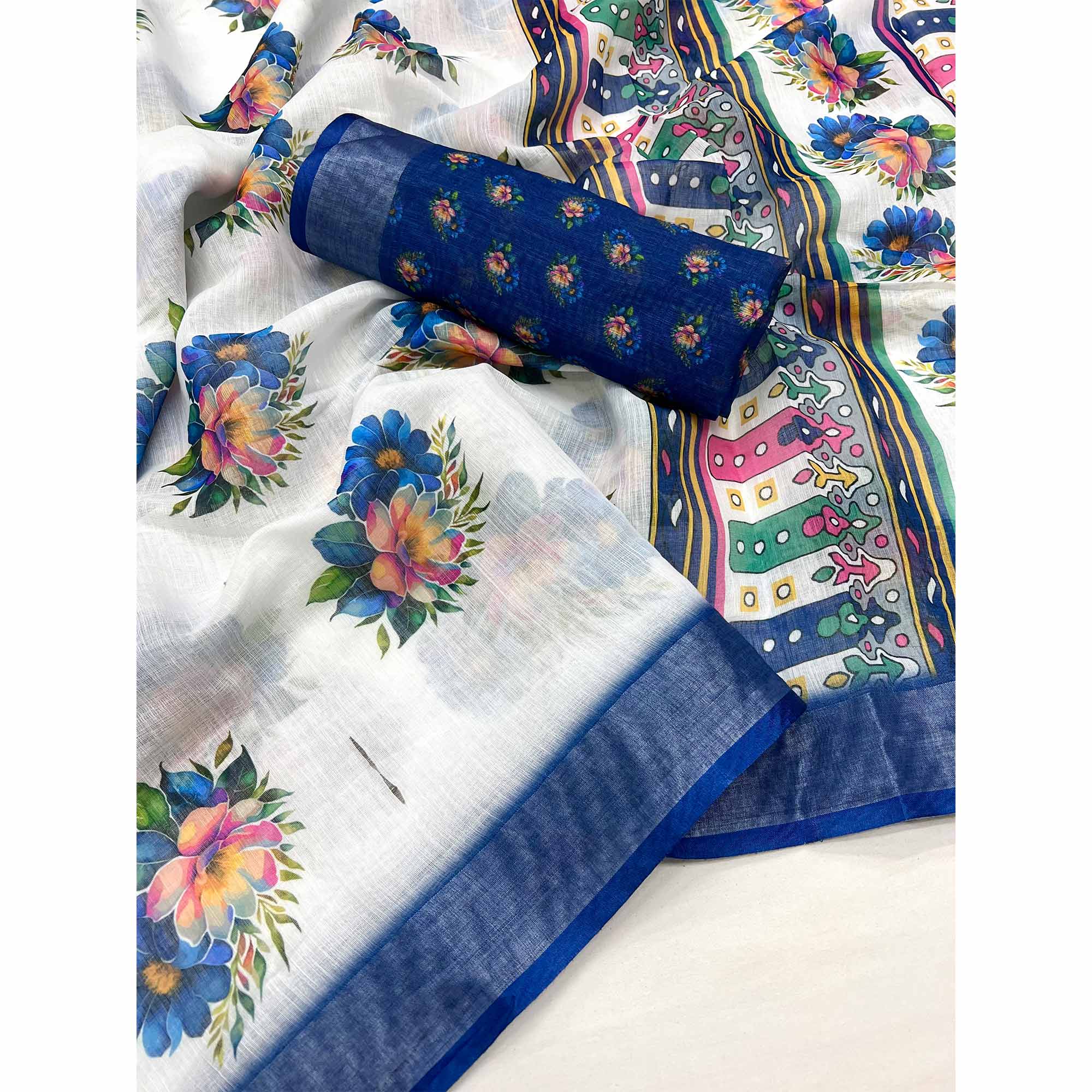 White & Blue Floral Digital Printed Linen Saree With Zari Border